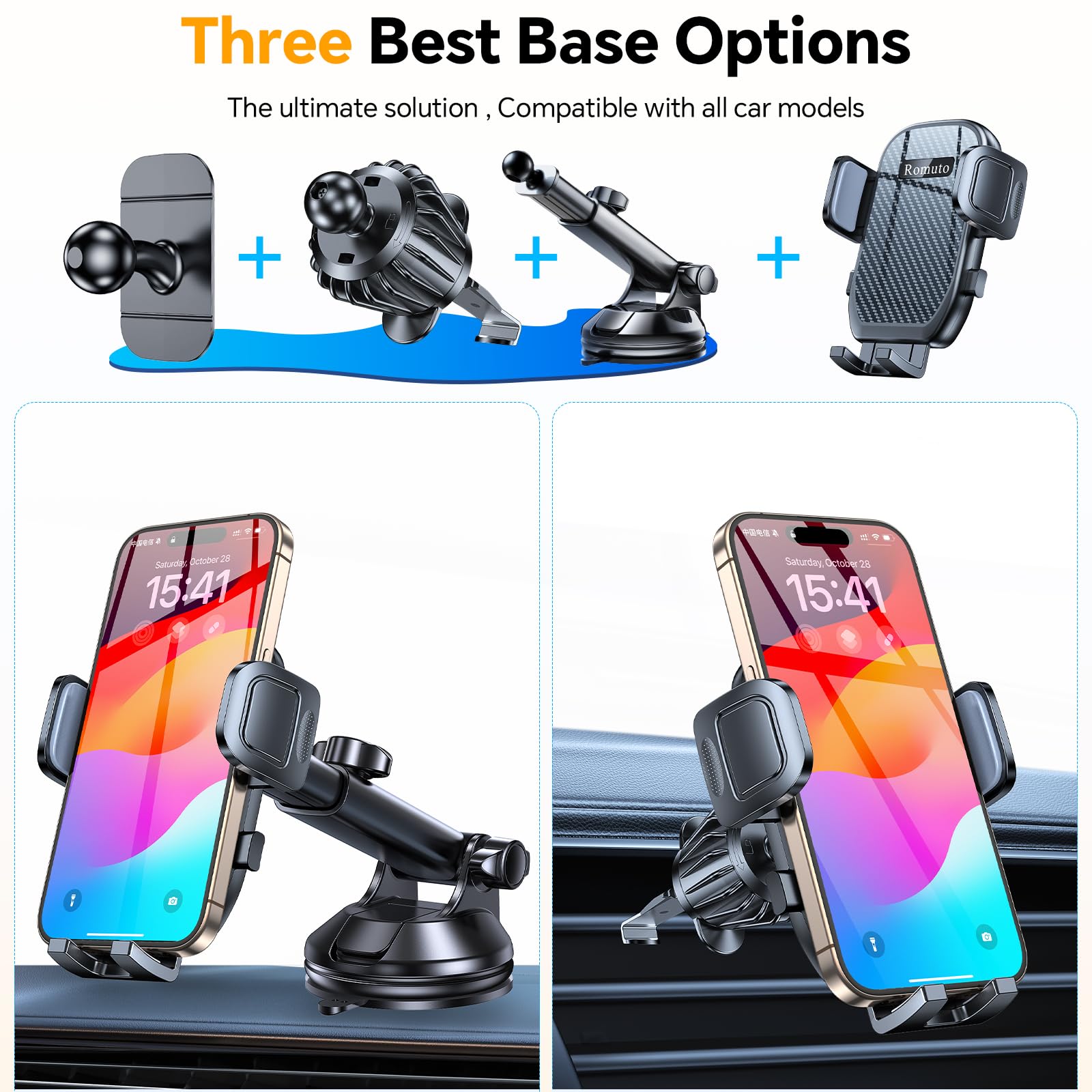Romuto Car Phone Holder Mount?Windshield+Vent+Dash?Suction Cup Phone Holders For Your Car Phone Mount?Powerful Suction?Cell Phon
