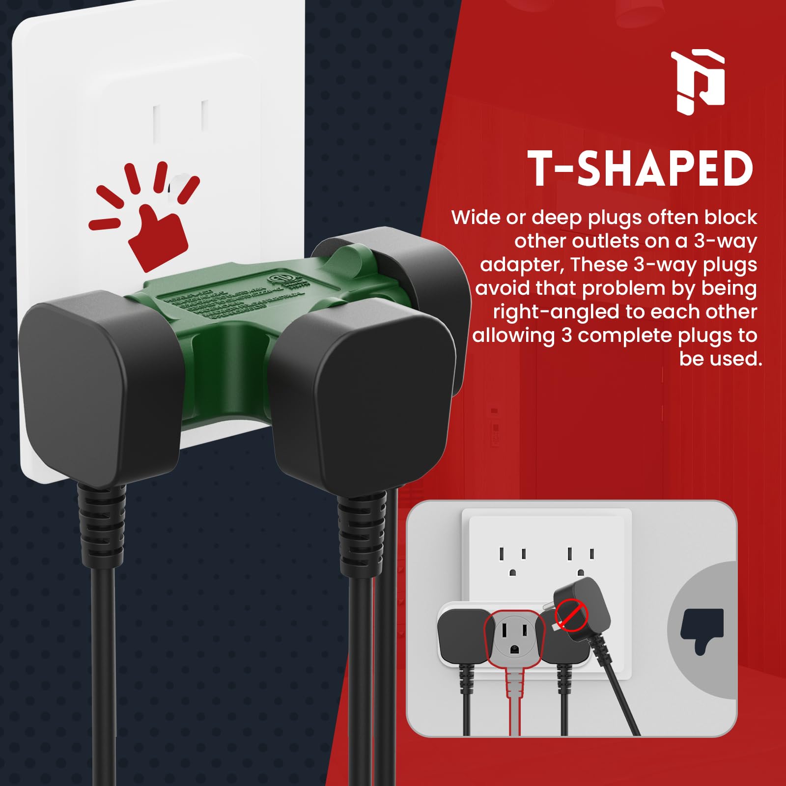 Plugtul 3 Way Plug Adapter, 3 Plug Wall Adapter, 3 Prong, Grounded, 15A, 1875W, Multiple Plug Expander For Home, Outdoor, Etl Li