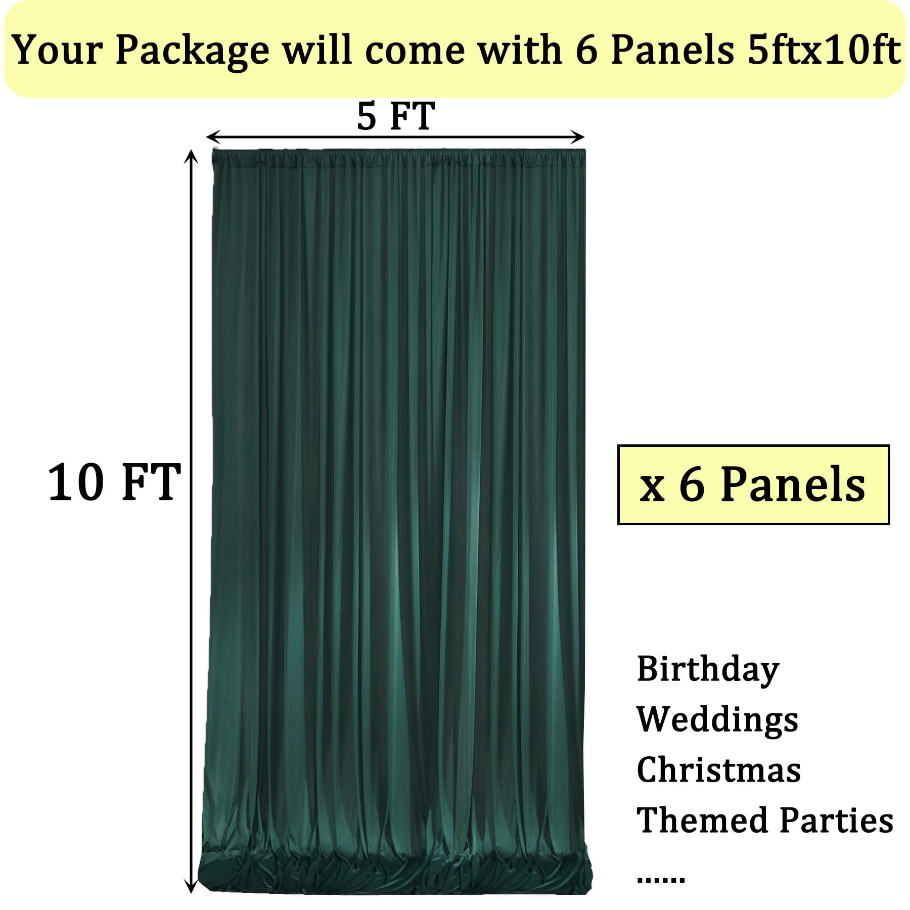 30Ft X 10Ft Wrinkle Free Hunter Green Backdrop Curtains For Parties, 6 Panels 5X10Ft Polyester Green Photo Backdrop Drapes For W