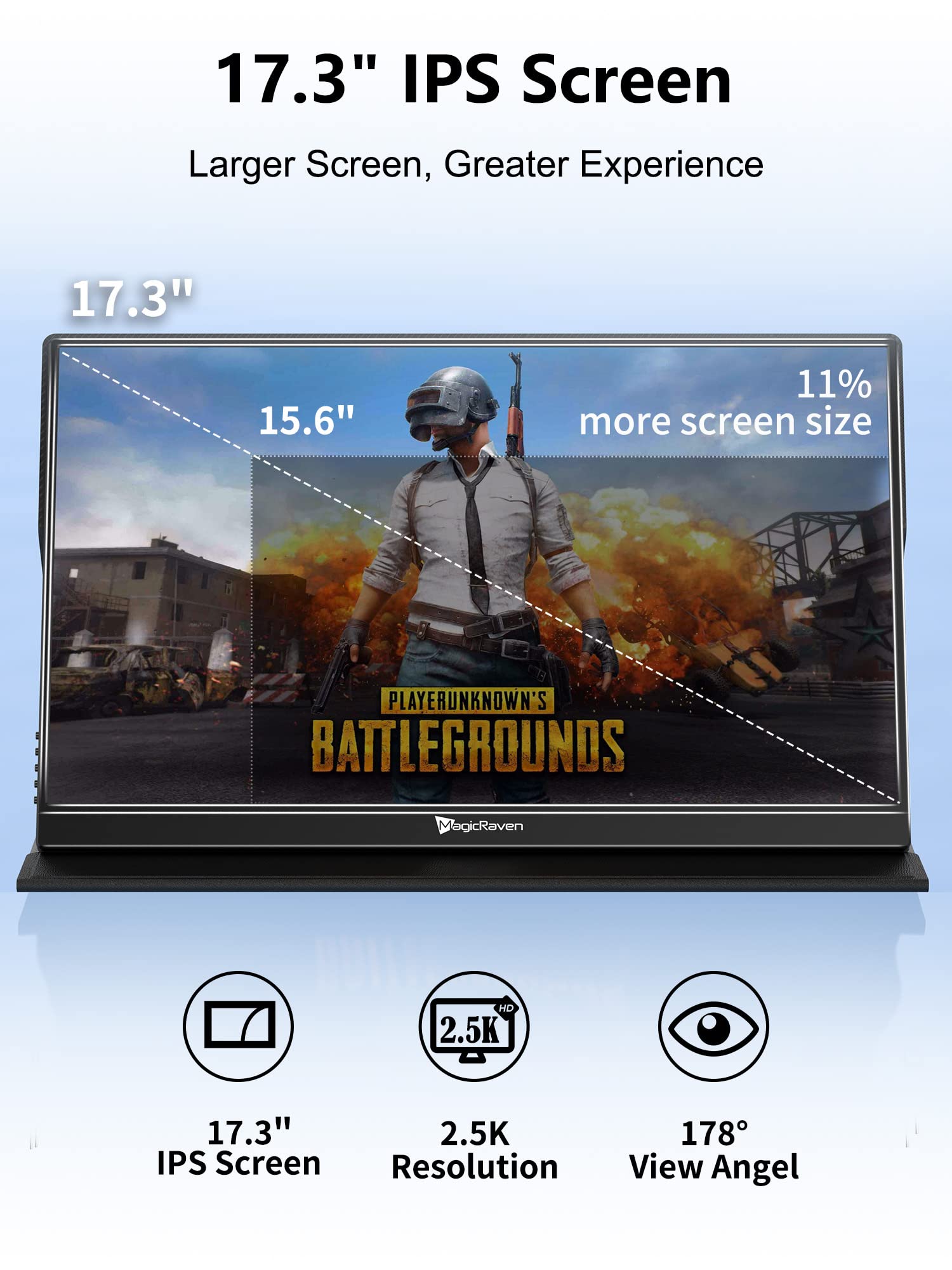 2.5K Portable Monitor, 17.3'' Qhd Ips Laptop Monitor, Dual Usb C Hdmi Second Computer Screen, Vesa Gaming Display With 2 Speaker