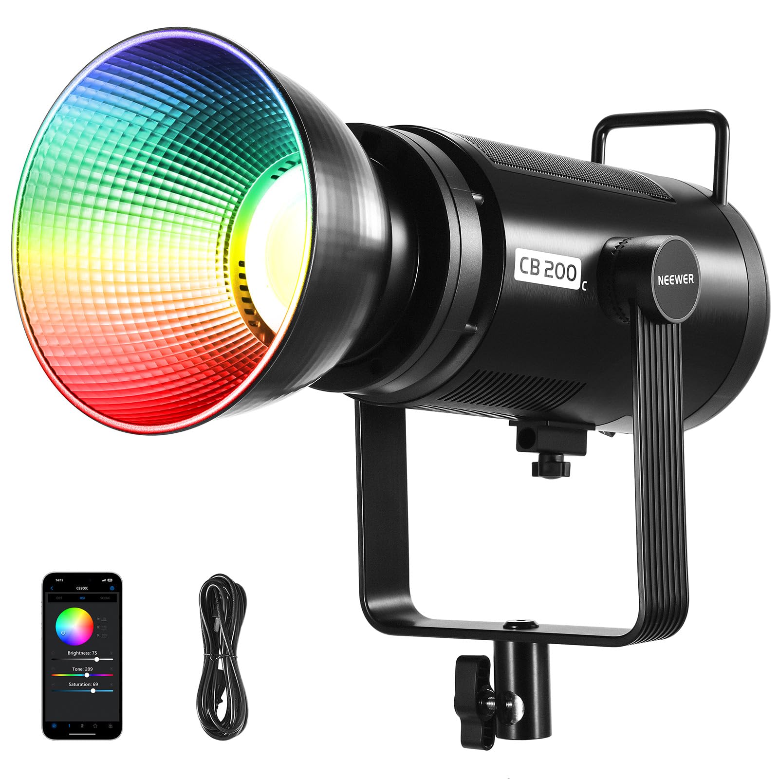 Neewer Cb200C 200W Rgbww Cob Led Video Light, App/2.4G 360 Color 2500K 7500K (Duv0.0003) 23000Lux/M Bowens Metal Shell Silent Co