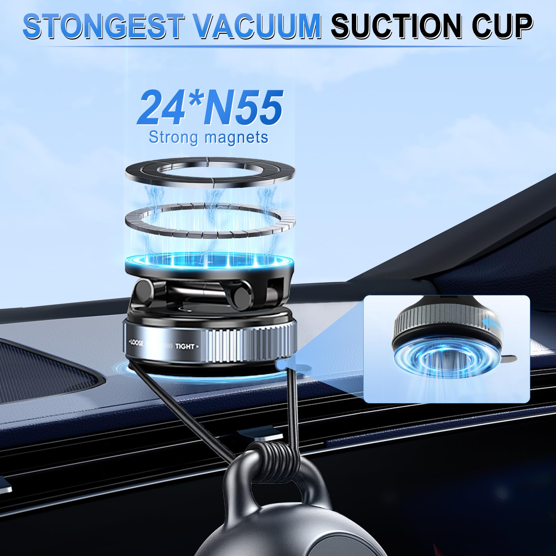 Livtee Upgraded Vacuum Magnetic Phone Holder, 360 Rotating Suction Cup Magnetic Mount Stand Compatible With Iphone & Android, Fi