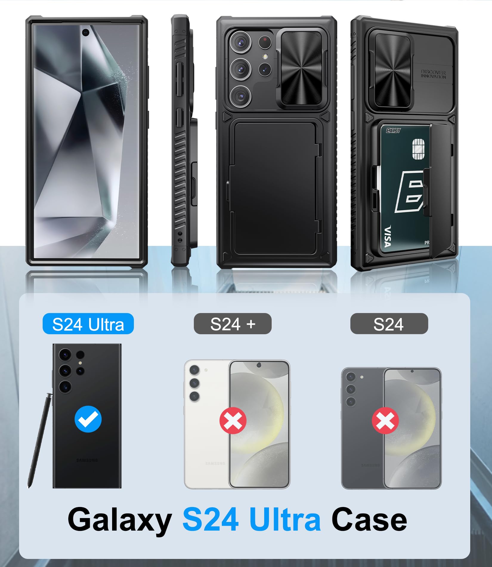 Bxyjy For Samsung Galaxy S24 Ultra Case Wallet, Built In Card Holder (4 5 Cards) & Slide Camera Cover & Kickstand, Military Grad