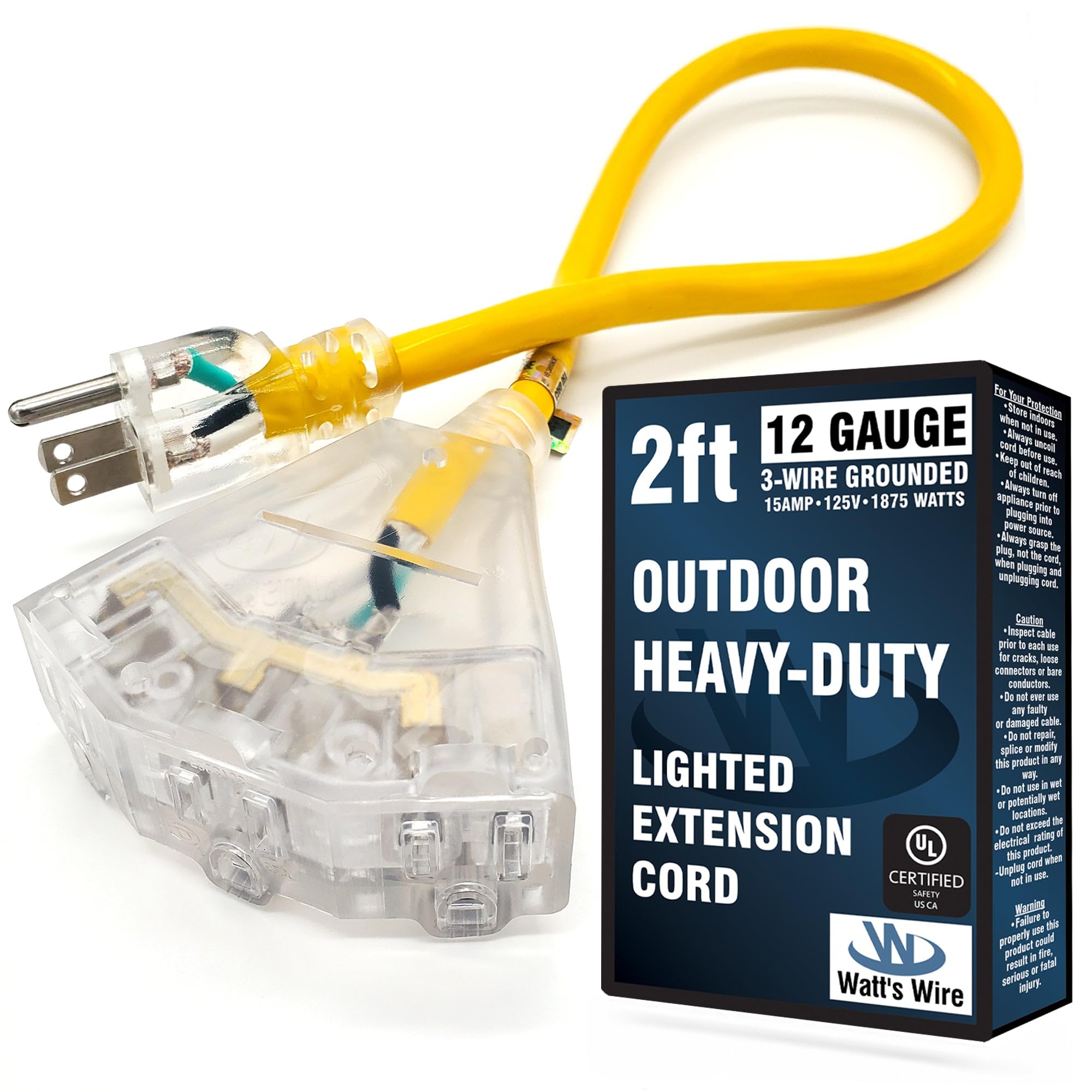 2 Ft   12 Gauge Heavy Duty 3 Outlet Lighted Sjtw Indoor/Outdoor Yellow Extension Cord By Watt'S Wire   Short 2' 12 Gauge Grounde