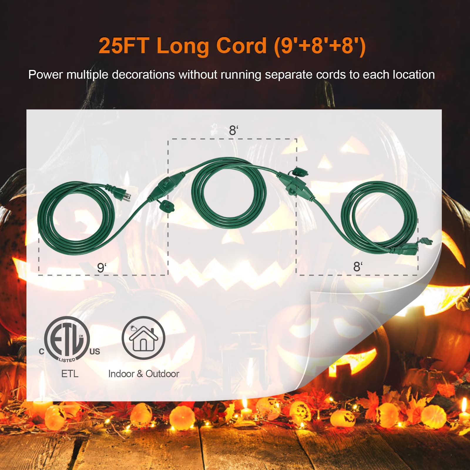 Suraielec 25 Ft Outdoor Extension Cord With Multiple Outlets, 3 Outlet Multi Plug Power Cord, 16/3 Gauge Sjtw, Weatherproof For