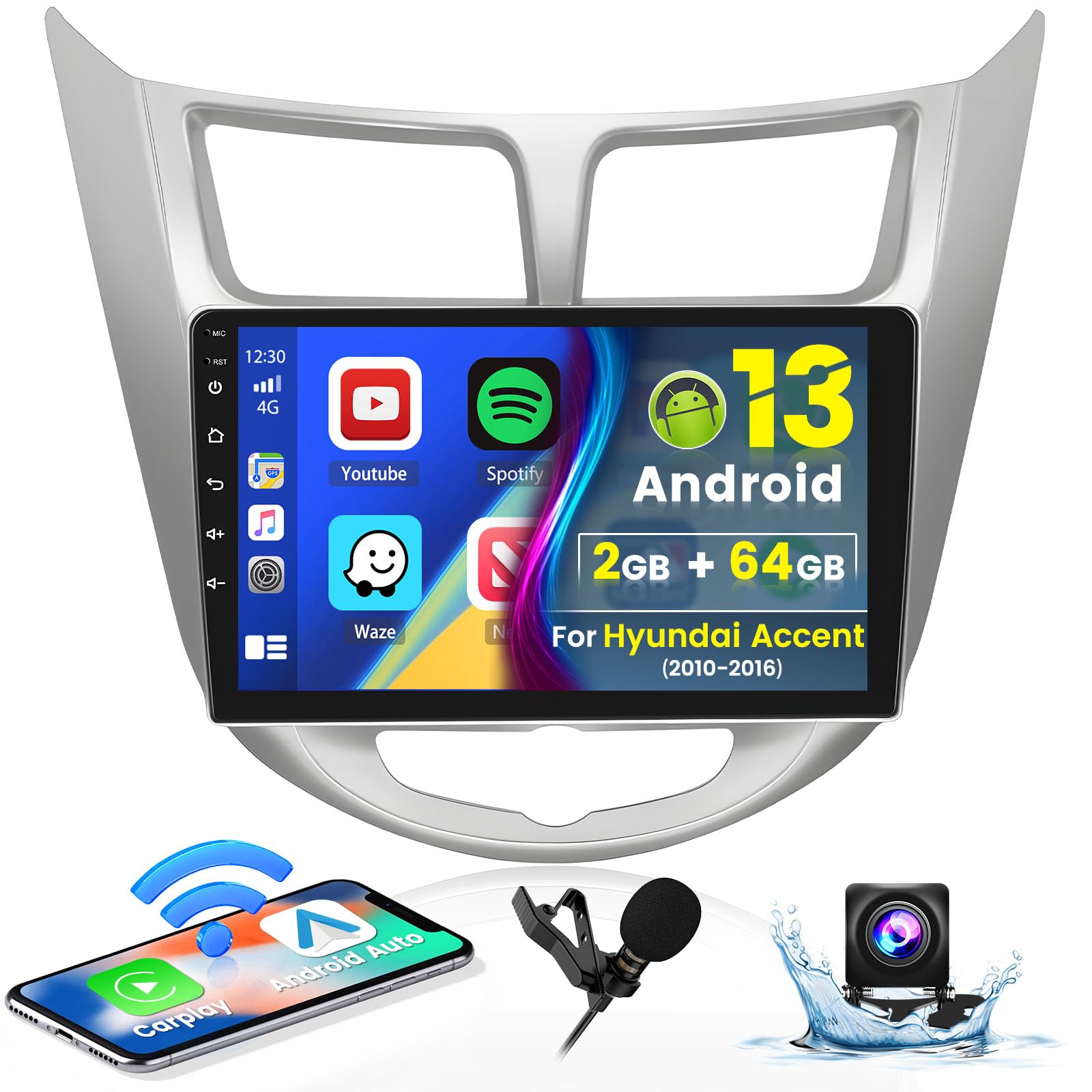 Roinvou 2+64G Android 13 Carplay Stereo For 2010 2016 Hyundai Verna Accent Solaris, Wireless Carplay Radio With Android Auto, 9'