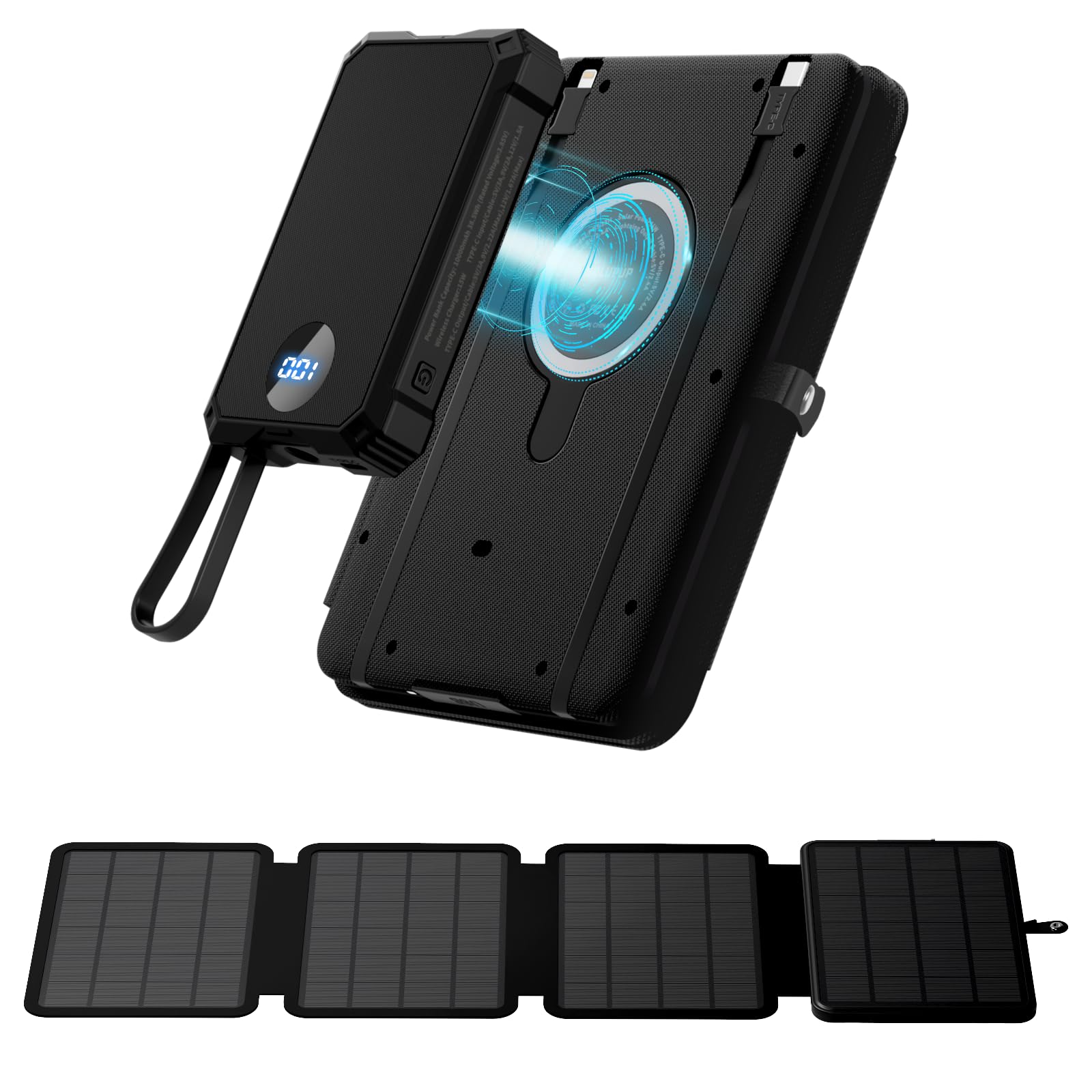 SOLUPUP 10000mAh Solar Power Bank, Detachable Solar Panel, 14W Foldable, Magnetic Charging, 5 Port Fast Charging, IPX5 Waterproo