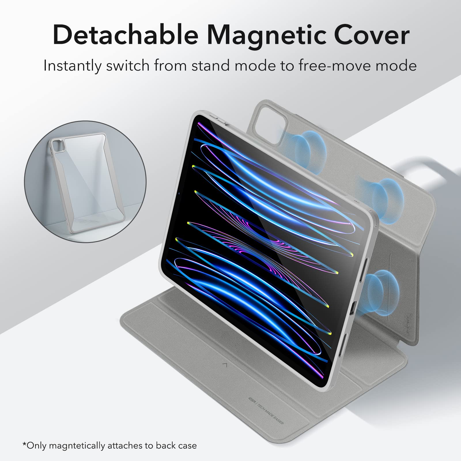 Esr For Ipad Pro 11 Inch Case (2022/2021/2020/2018, 4Th/3Rd/2Nd/1St Generation) With Pencil Holder, Removable Magnetic Cover, Vertical Stand, Rebound 360 Series, Grey