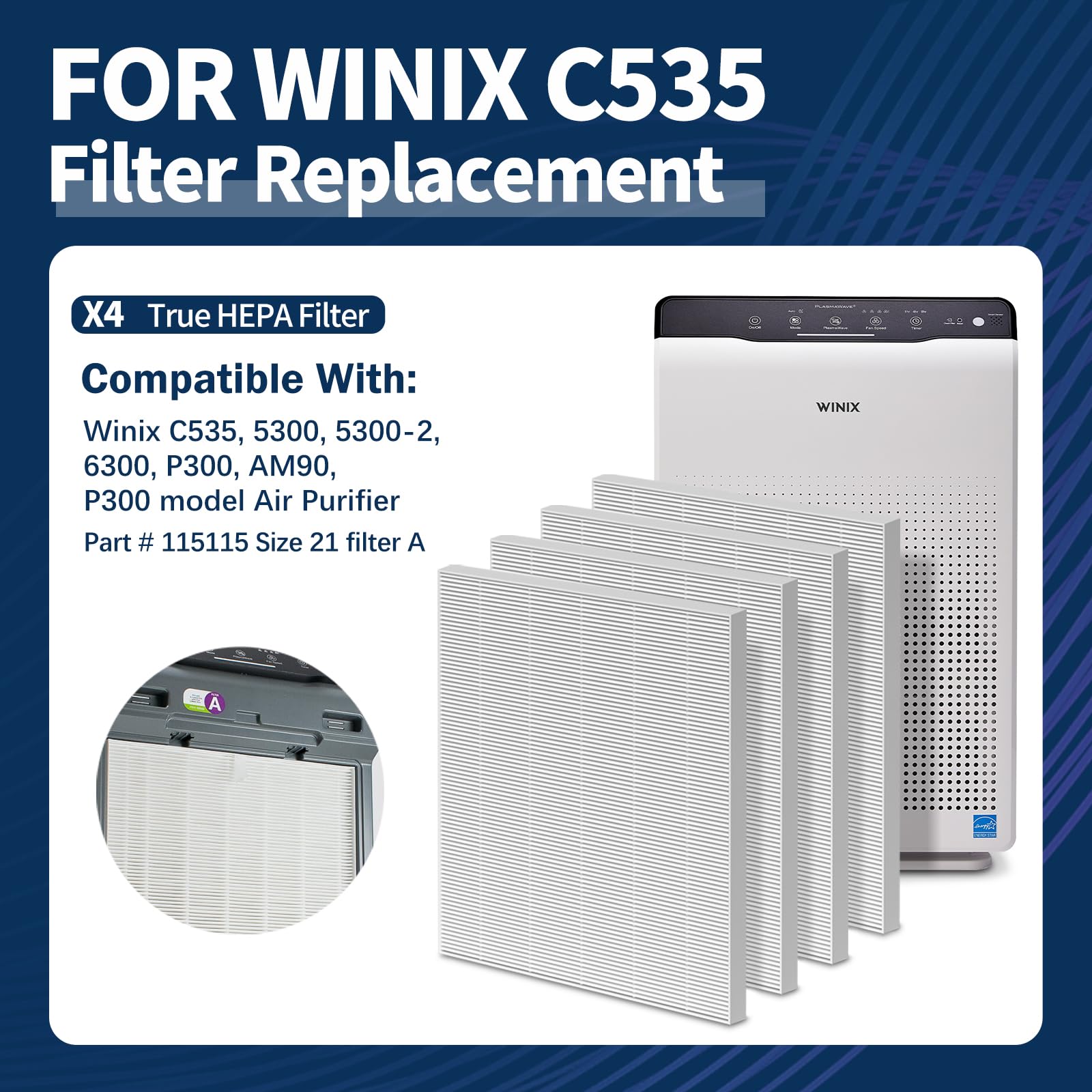 115115 Hepa Replacement Filter A Size 21 Compatible With Winix Plasmawave C535 5300 5300 2 6300 6300 2 P300 Am90 9000 5000 5000B