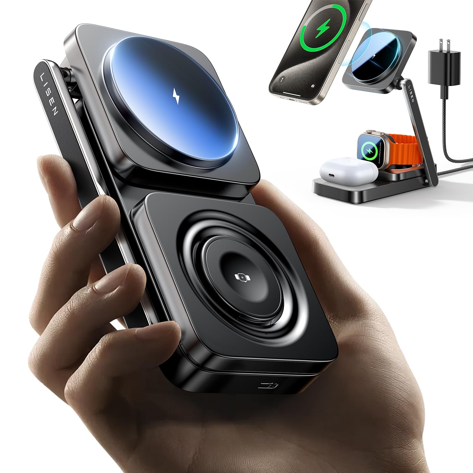 Lisen Foldable Charger 3 In 1 For Apple Magsafe Charger Stand, Wireless Charger Iphone And Watch Charging Station For Multiple D