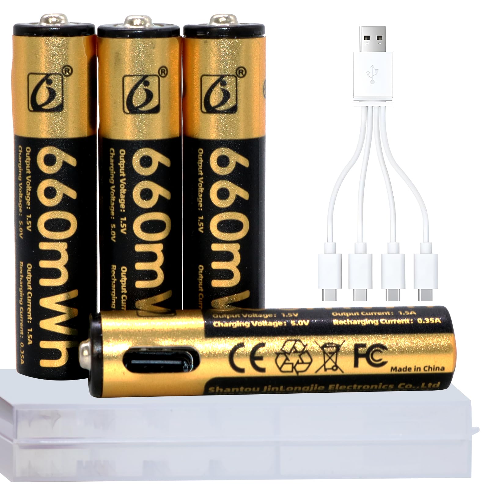 Tosiicop AAA Rechargeable Lithium Batteries - 4 Pack USB-C Rechargable Li-Ion Battery 1.5V AAA 660mAh with 4 in 1 USB to Type-C 