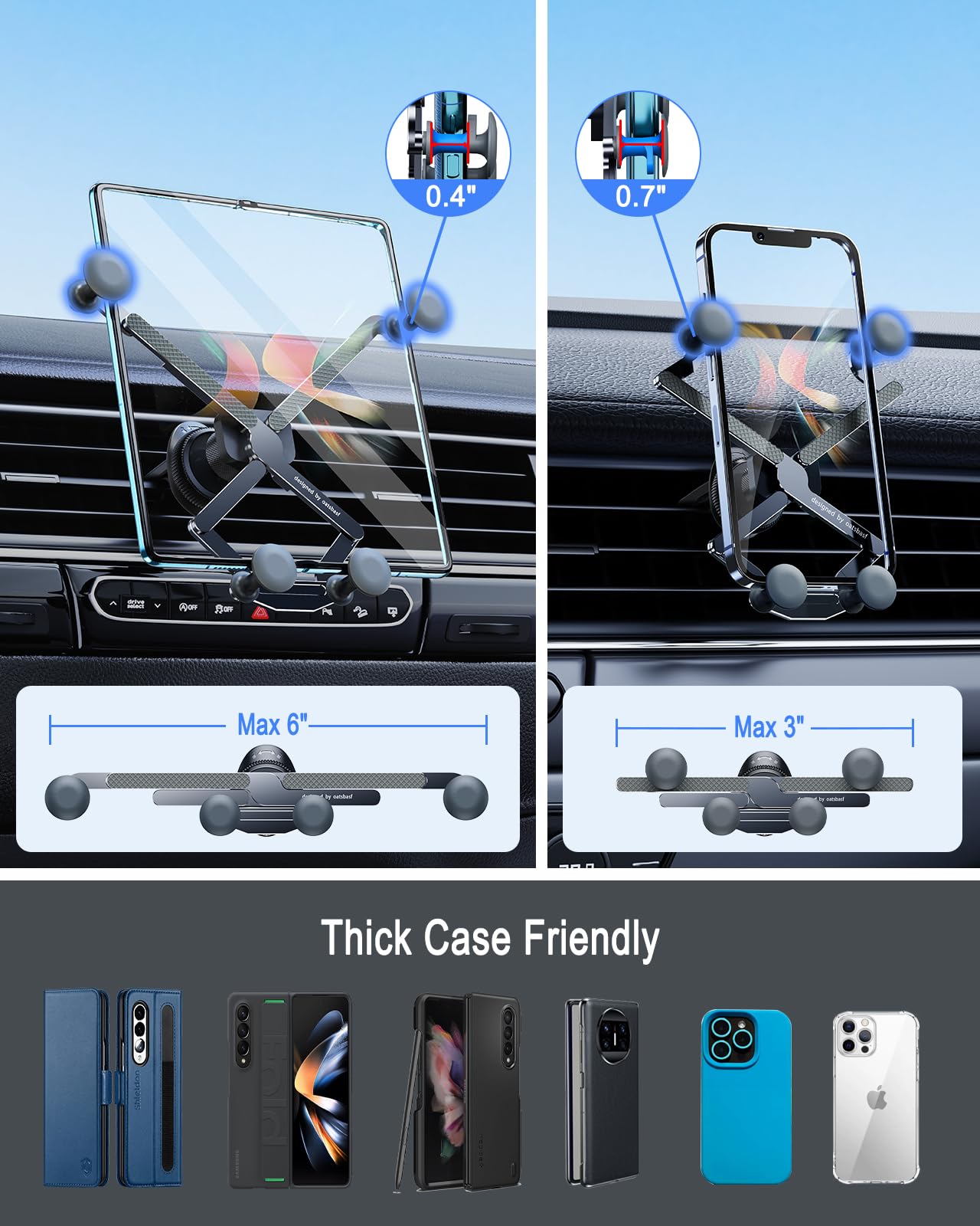 Xuenair Z Fold 4 Car Mount, [2 Forms & Thick Case Friendly] Gravity Cell Phone Holder Mount For Samasung Galaxy Fold 7 6 5 4 3 2