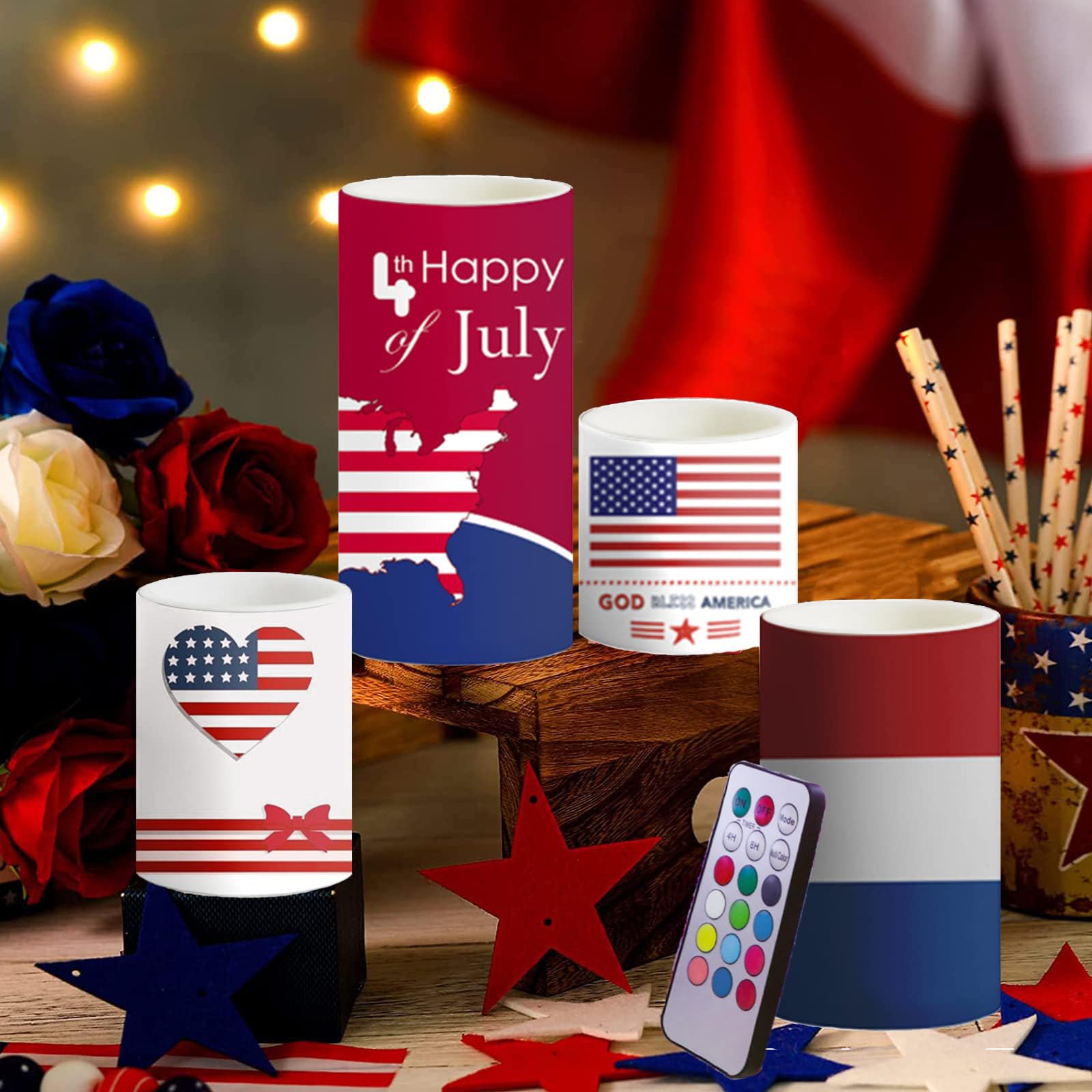Aulaygo 4th of July Candles with Timer Remote Control Red White and Blue Candles Battery Operated Set of 4 for Independence Day 