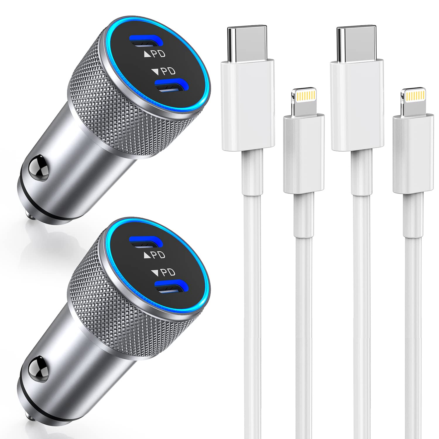 iPhone Fast Car Charger,2Pack Dual Port USB C Car Charger[MFI Certified]Power Delivery Car Adapter with 2Pack Lightning Cable Ty