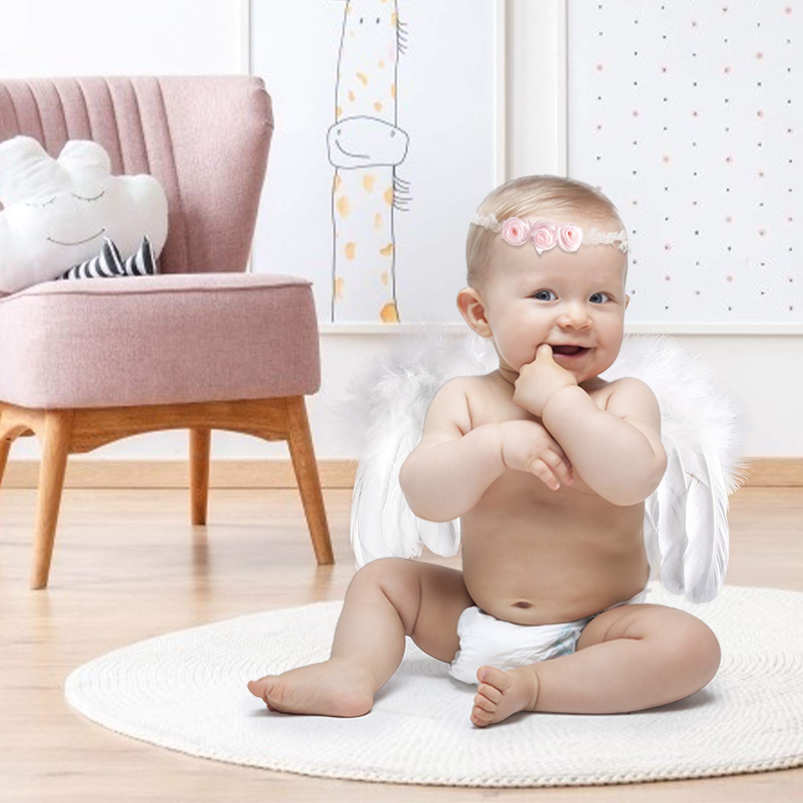 Amor Present Baby Angel Wings, 5Pcs Newborn Photoshoot Clothes White Angel Feather Wing Baby Cupid Costume Set With Headband Bow