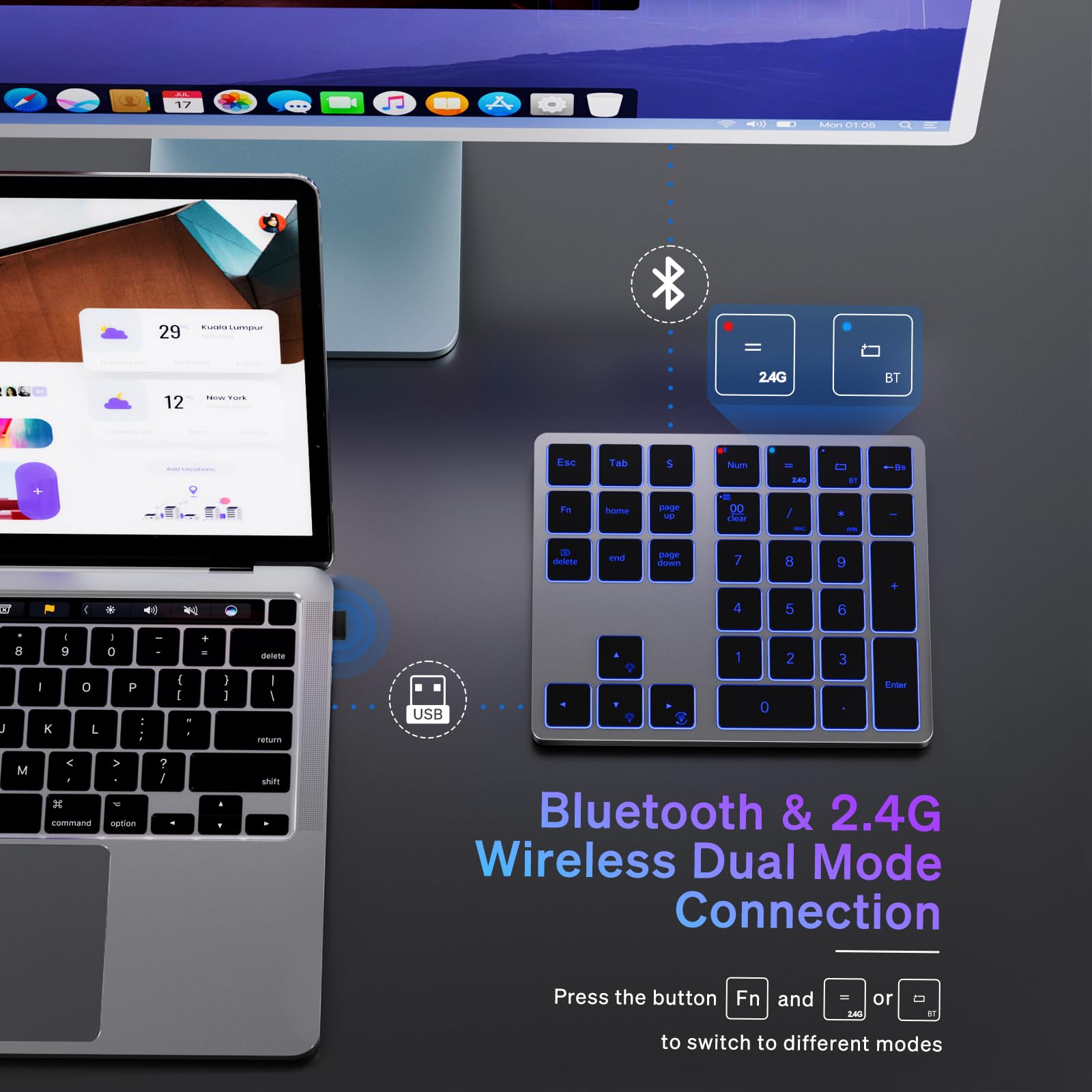 Doohoeek Bluetooth & 2.4G Usb Wireless Numeric Keypad For Laptops, Pc Computers Macbooks & Tablets, Dual Mode Number Pad 34 Keys