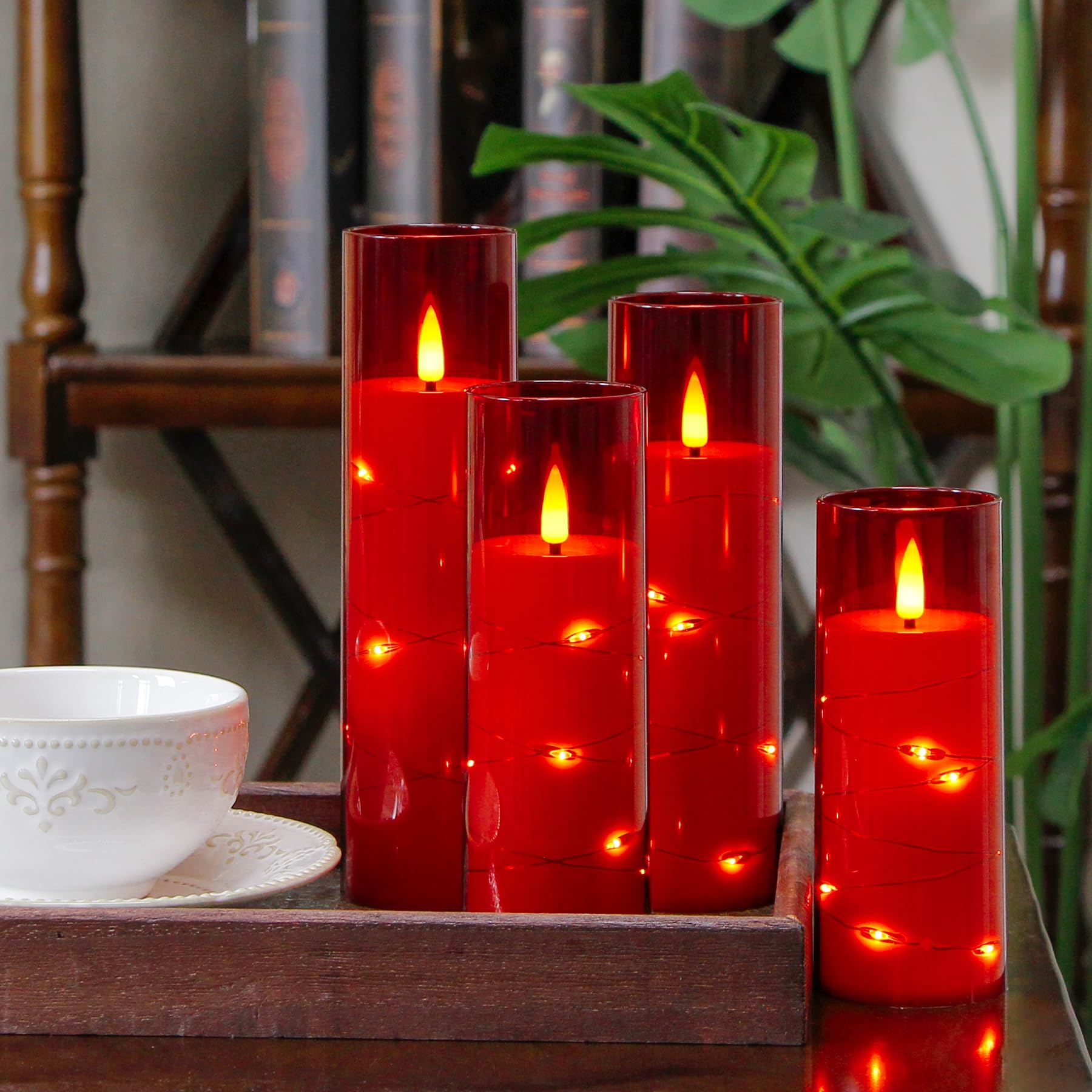 Yeelida Red Flameless Candles With Remote And String Light, 2.2''X 5'',5'',6'',7'',7'',8'' Led Battery Operated Plastic Flickeri
