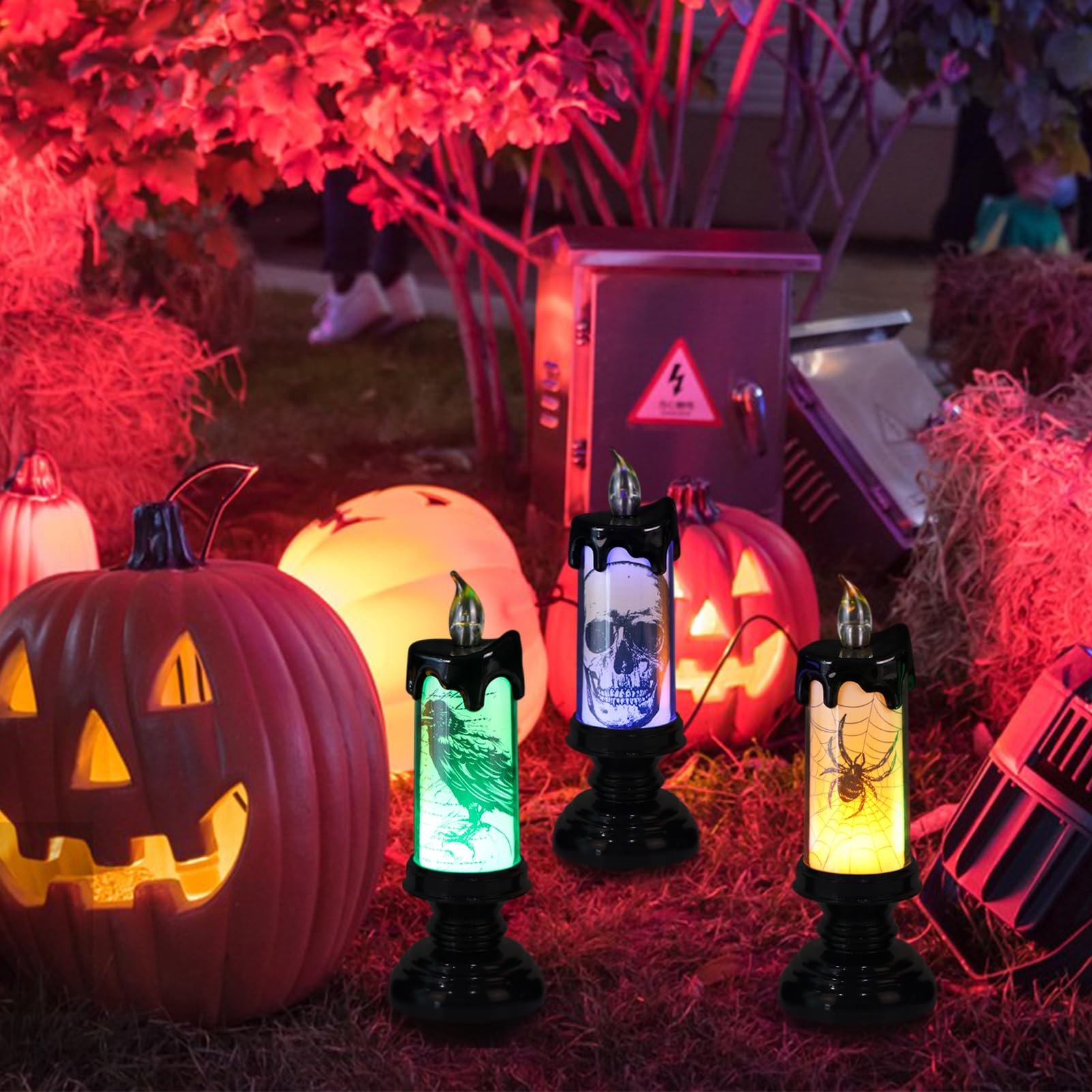 Lasumora 3Pcs Led Pillar Candles With Remote Timer, Battery Operated Halloween Flameless Candles, Skull, Spider, Crow Flickering
