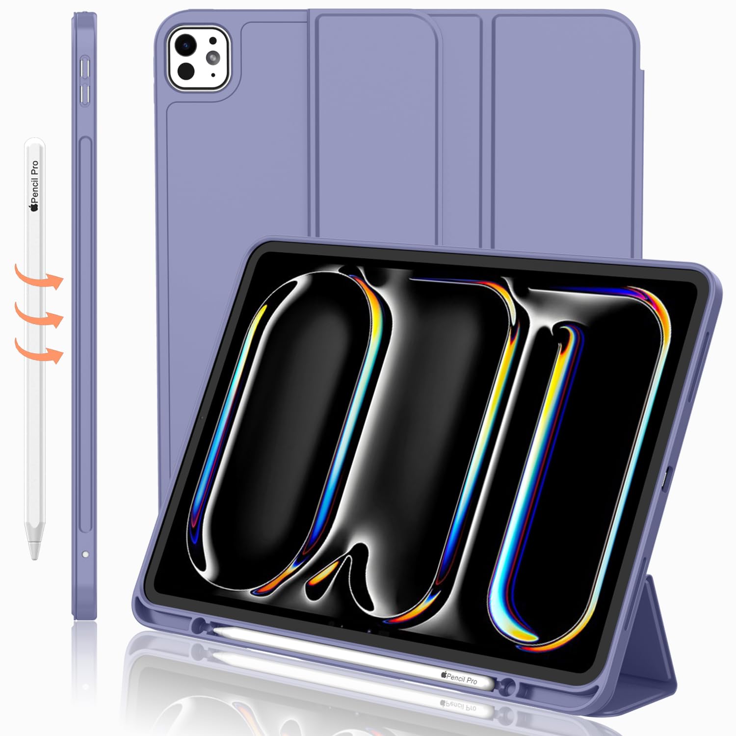 Imieet Ipad Pro 13 Inch Case M4 (2024) With Pencil Holder, [Support Pencil Pro And Pencil (Usb C)],Trifold Stand Smart Case With Soft Tpu Back, Auto Wake/Sleep (Lavender)