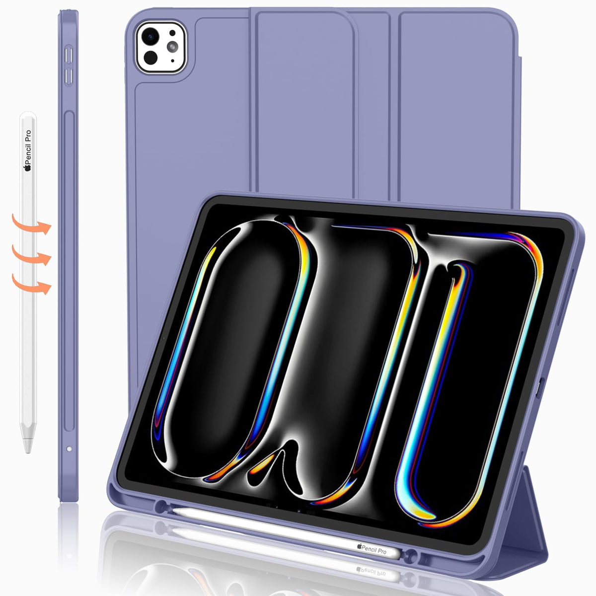 Imieet For Ipad Pro 11 Inch Case M4 2024 (5Th Generation) With Pencil Holder, [Support Pencil Pro And Pencil (Usb C)], Trifold Stand Smart Case With Soft Tpu Back, Auto Wake/Sleep (Lavender)