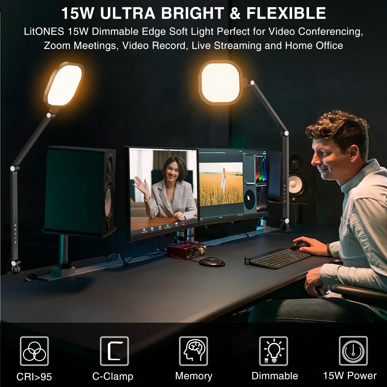 Litones Zoom Lighting For Computer Video Conference Light, 15W Webcam Light With Clamp For Zoom Meeting Laptop Video Calls, Desk