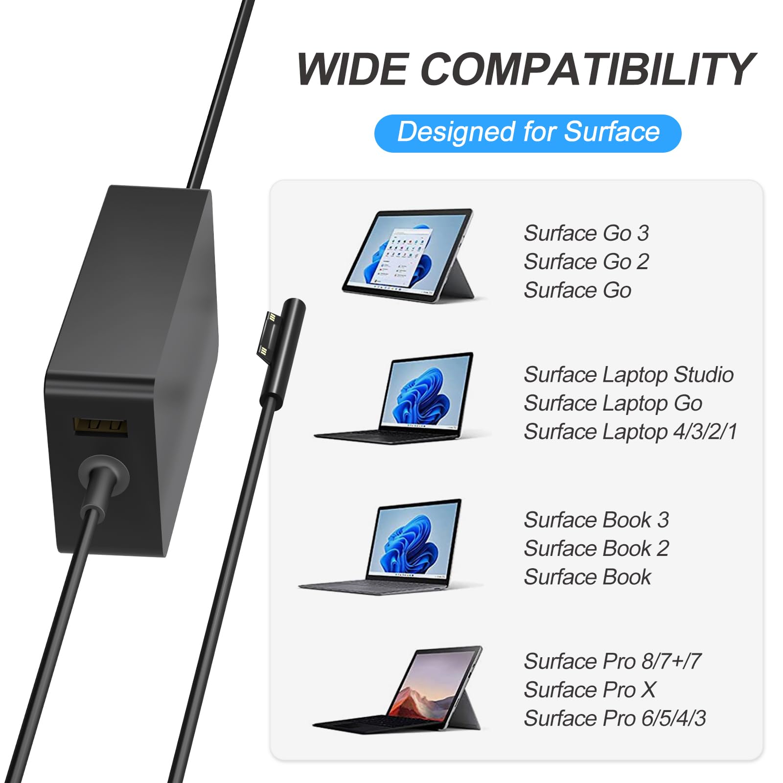 Andingker 65W Surface Pro Charger for Microsoft Surface Laptop 6-1, Surface Pro 10-3, Surface Book 3-1, Surface Go, 10FT Black Cable