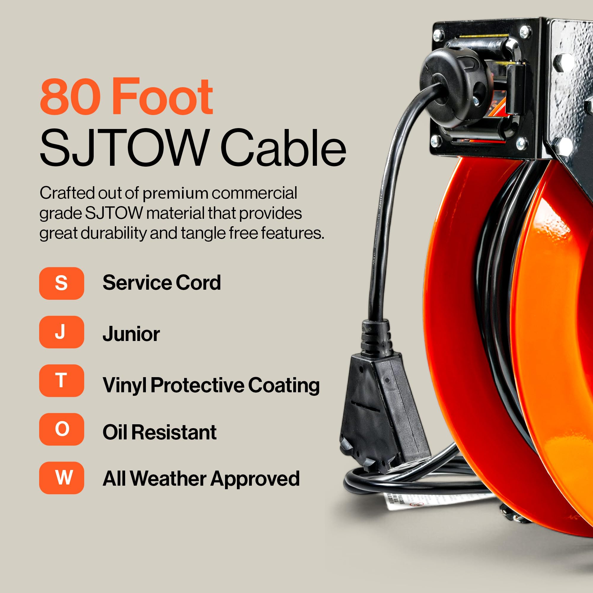 Superhandy Extension Cord Reel Retractable 12Awg X 80' Foot 3C Sjtow Cable Triple Tap Connector Power Rating 125 Volt Ac 15 Amp