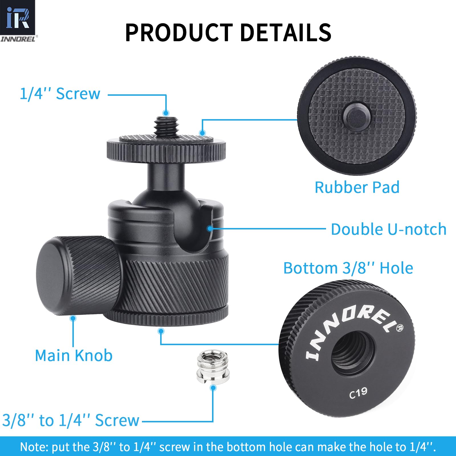 Mini Ball Head Innorel C19 Mount Tripod Head Cnc Metal Low Profile Ballhead 360� Pan 90� Tilt Tripods Mount With 3/8' To 1/4' Adapter Ballheads, Max Load 6.61 Lb/3Kg For Phone/Dlsr Camera/Mini Holder
