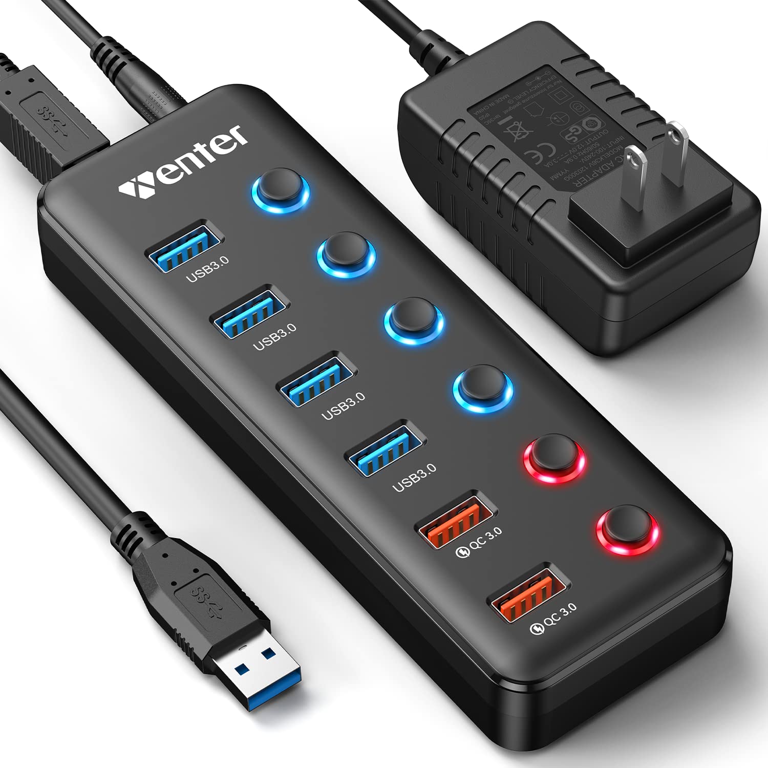 Powered Usb Hub, Wenter 6 Port Usb 3.0 Hub Splitter (4 Usb 3.0 Data Ports + 2 Qc 3.0 Fast Charging Ports) With Individual Led On/Off Switches, Usb Hub 3.0 Powered With 36W Ac Adapter For Mac, Pc