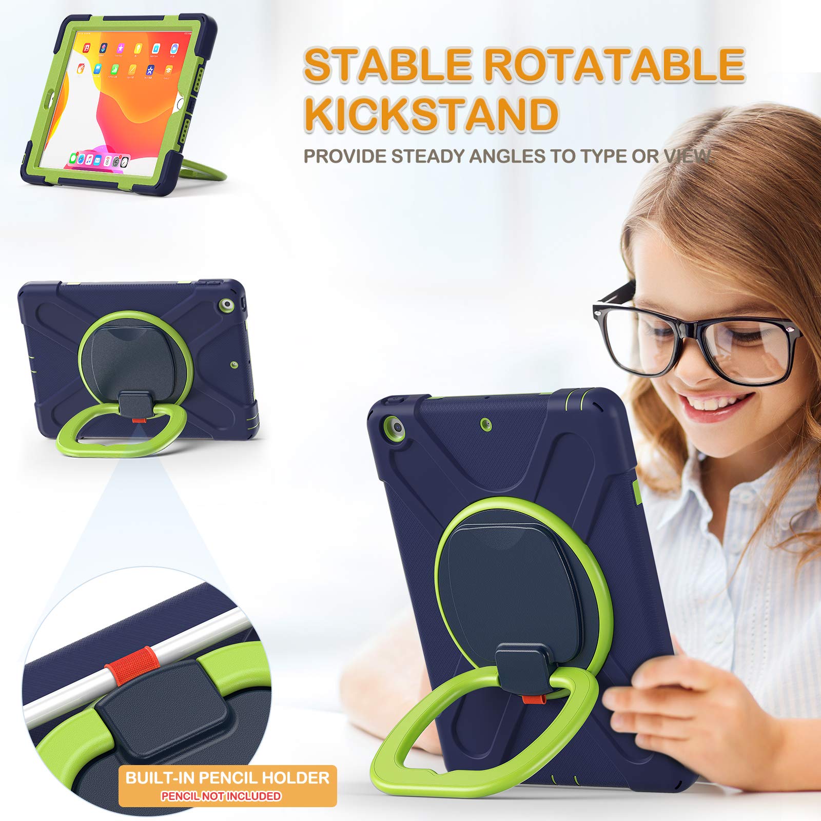 Braecn Kids Shockproof Hard Case For Ipad 10.2 Navy+Green, With Anti Scratch Screen Protector, Pencil Holder, Carrying Strap, An