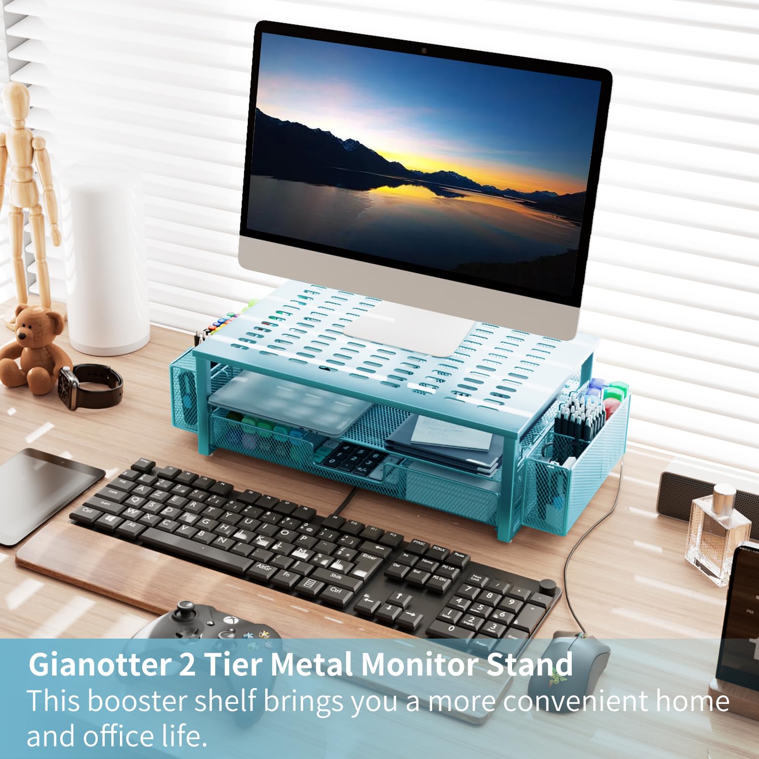 Gianotter Monitor Stand With Drawer And Pen Holder, Blue Desk Accessories, 2 Tier Monitor Riser, Ideal For Office Supplies Desk