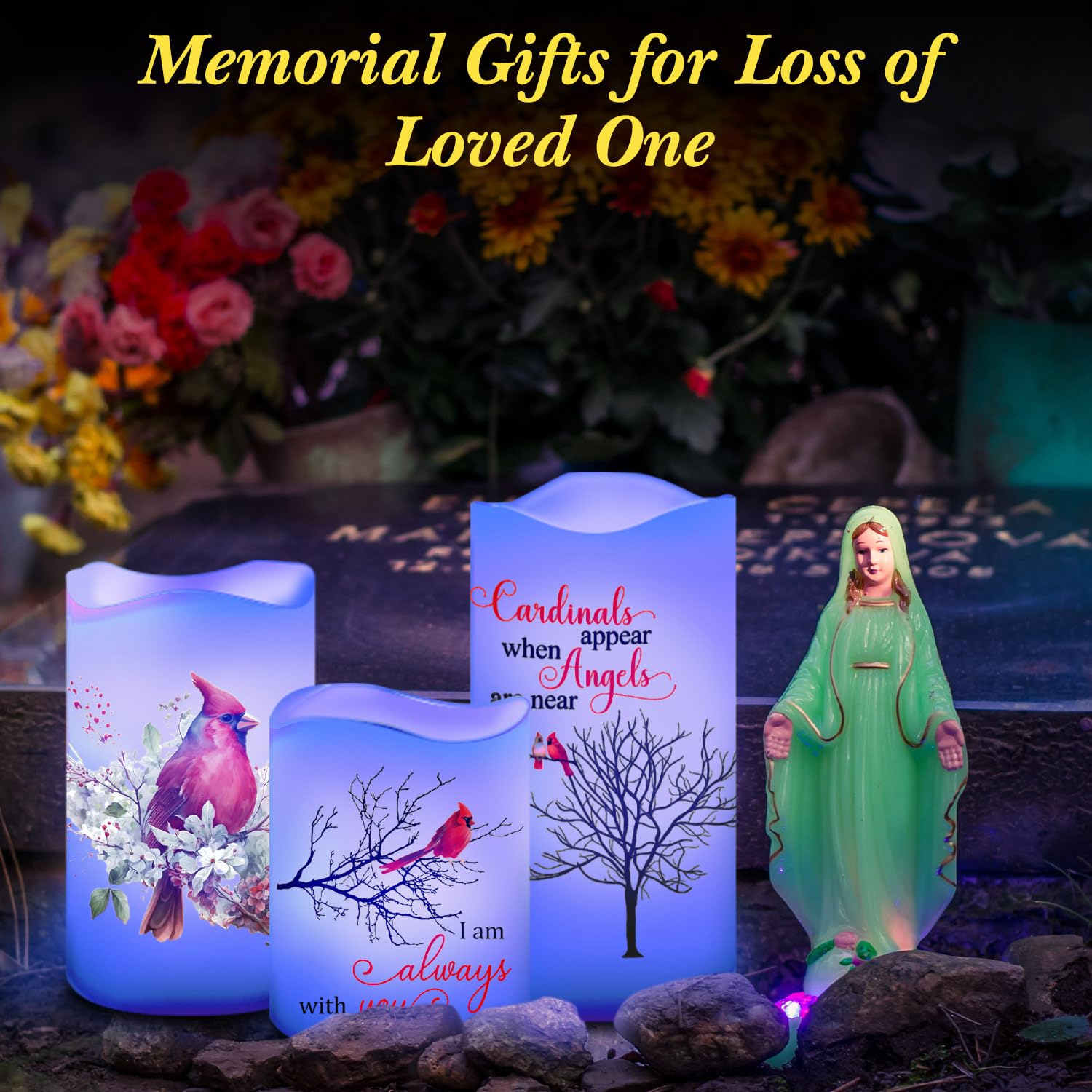 Tujoe 3 Pcs Memorial Candles Memorial Gifts Cardinal Flameless Candles Sympathy Led Battery Operated Candles Lights Memorial Gif