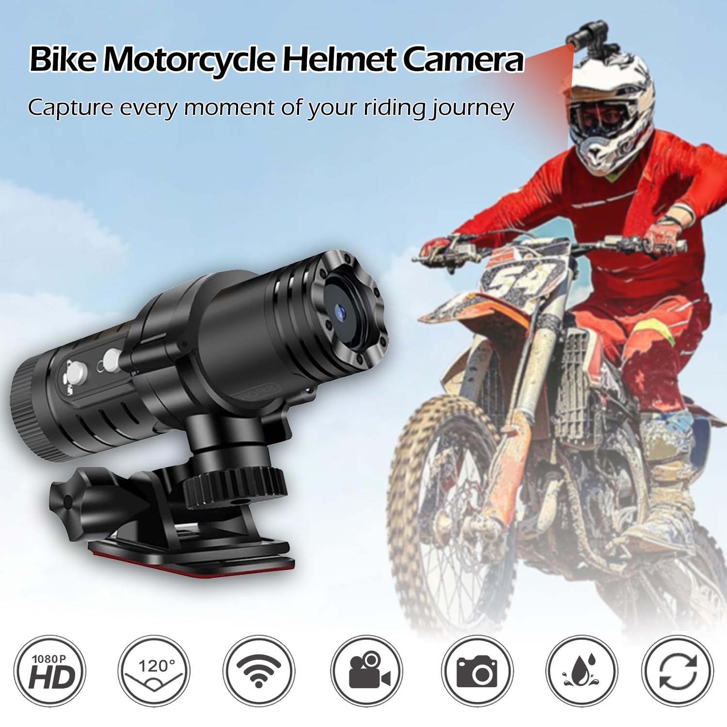 Abtocwuk Wifi Motorcycle Helmet Camera, Hd 1080P Bike Video Camera, Ip66 Waterproof Motorbike Helmet Camera, Outdoor Sports Acti
