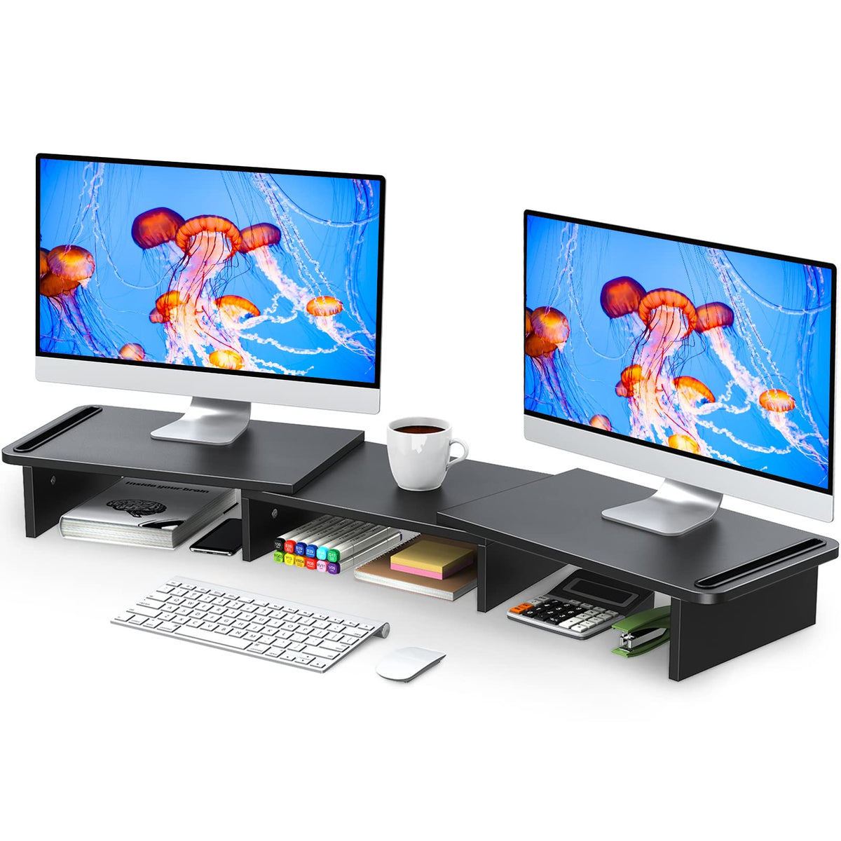 Zimilar Dual Monitor Stand Riser, Monitor Stand With Adjustable Length And Angle, Wood Monitor Stand For Desk, Monitor Riser For