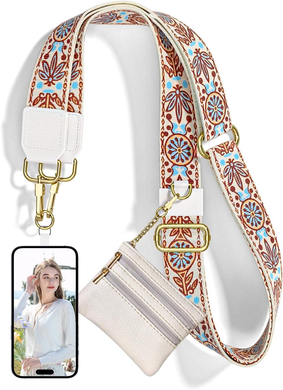 Kelvee Phone Strap With Zippered Pouch, Detachable Clip And Go Strap With Leather Wallet Crossbody Adjustable Chain Lanyard Mobi