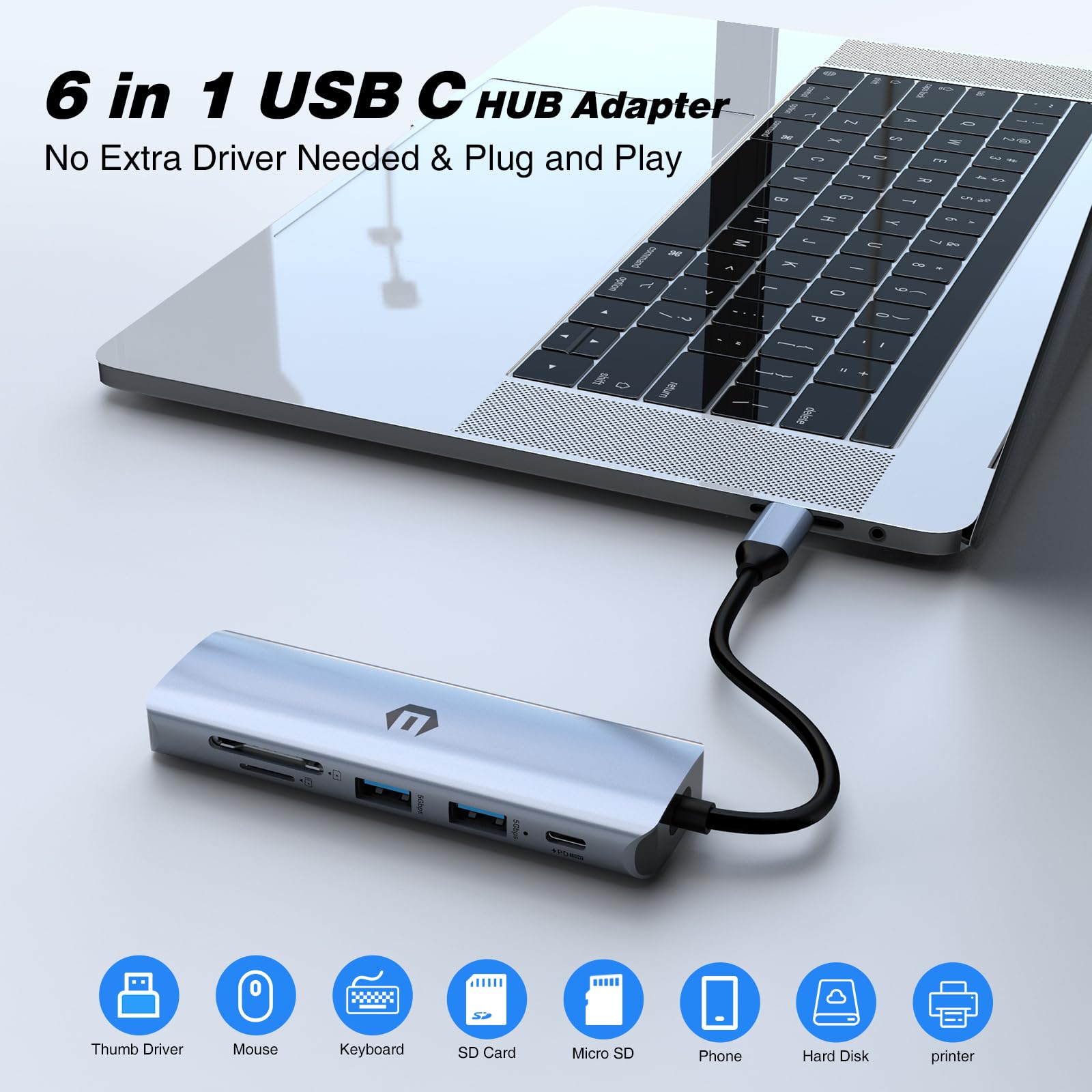 Otaitek Usb C Hub, 6 In 1 Usb C Adapter Mac Pro/Air Table Adapter, 6 In 1 With 4K Hdmi, Pd 100W, 2 * Usb 3.0, Tf Card Reader, Co