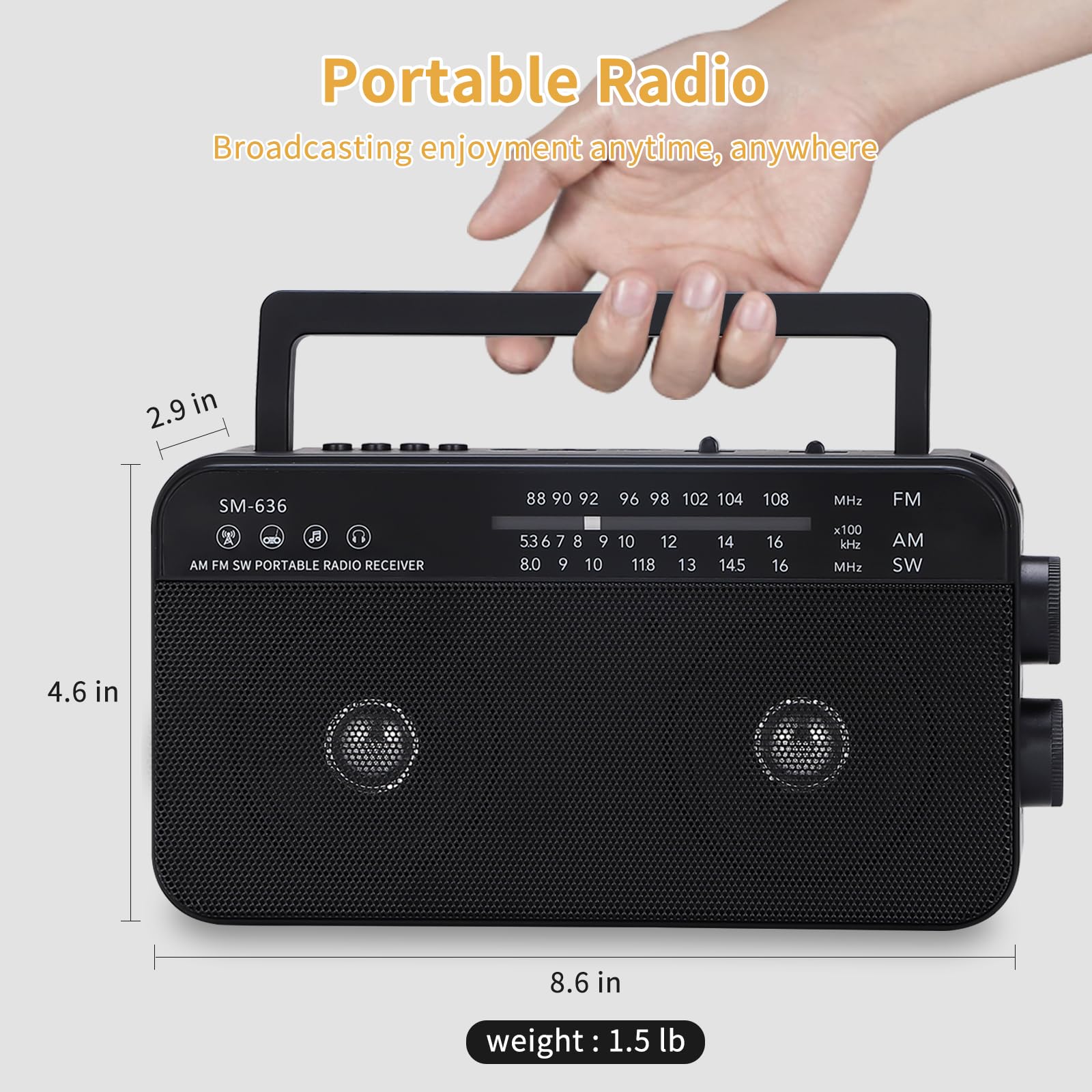 Semier Portable Am Fm Shortwave Radio With Bluetooth Speaker Plug In Wall, 3X D Cell Batteries Or Ac Power Transistor Radio With 2 Tone Mode, Double Loud Speakers, Support Aux/Usb/Tf Card Play