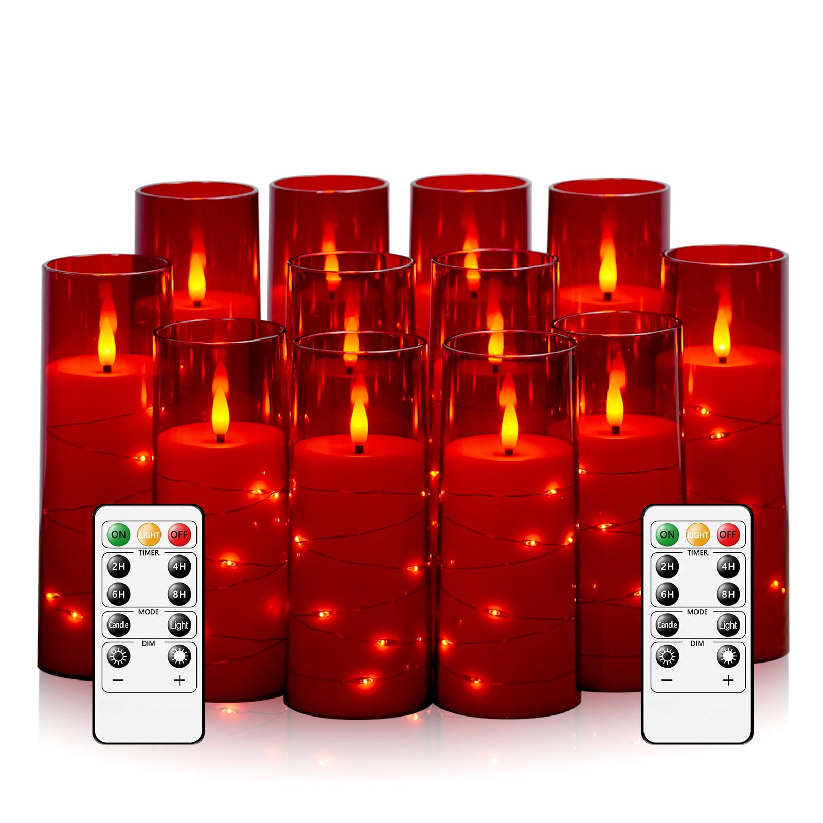 Sasigeiaa Flameless Candles with Embedded Star String - Battery Operated LED Candles, with Remote,12 Red Flickering Candles for 