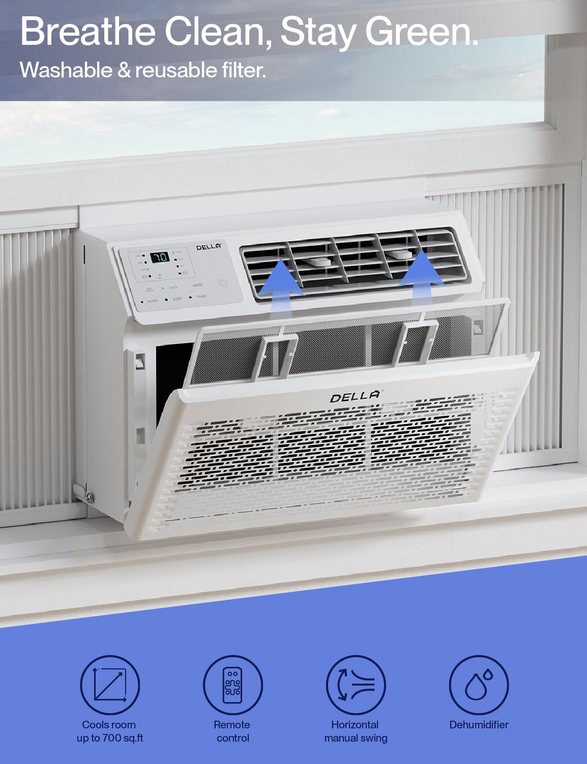 Della 14,000 Btu Window Air Conditioner, Work With Alexa, Cools Up To 700 Sq. Ft., Geo Location, Remote/App Control, Dehumidifie