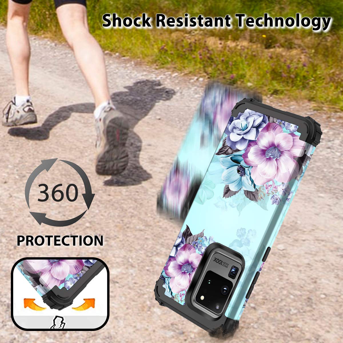 Casetego Compatible With Galaxy S20 Ultra Case,Floral Three Layer Heavy Duty Hybrid Sturdy Shockproof Full Body Protective Cover Case For Samsung Galaxy S20 Ultra 6.9 Inch,Blue Flower