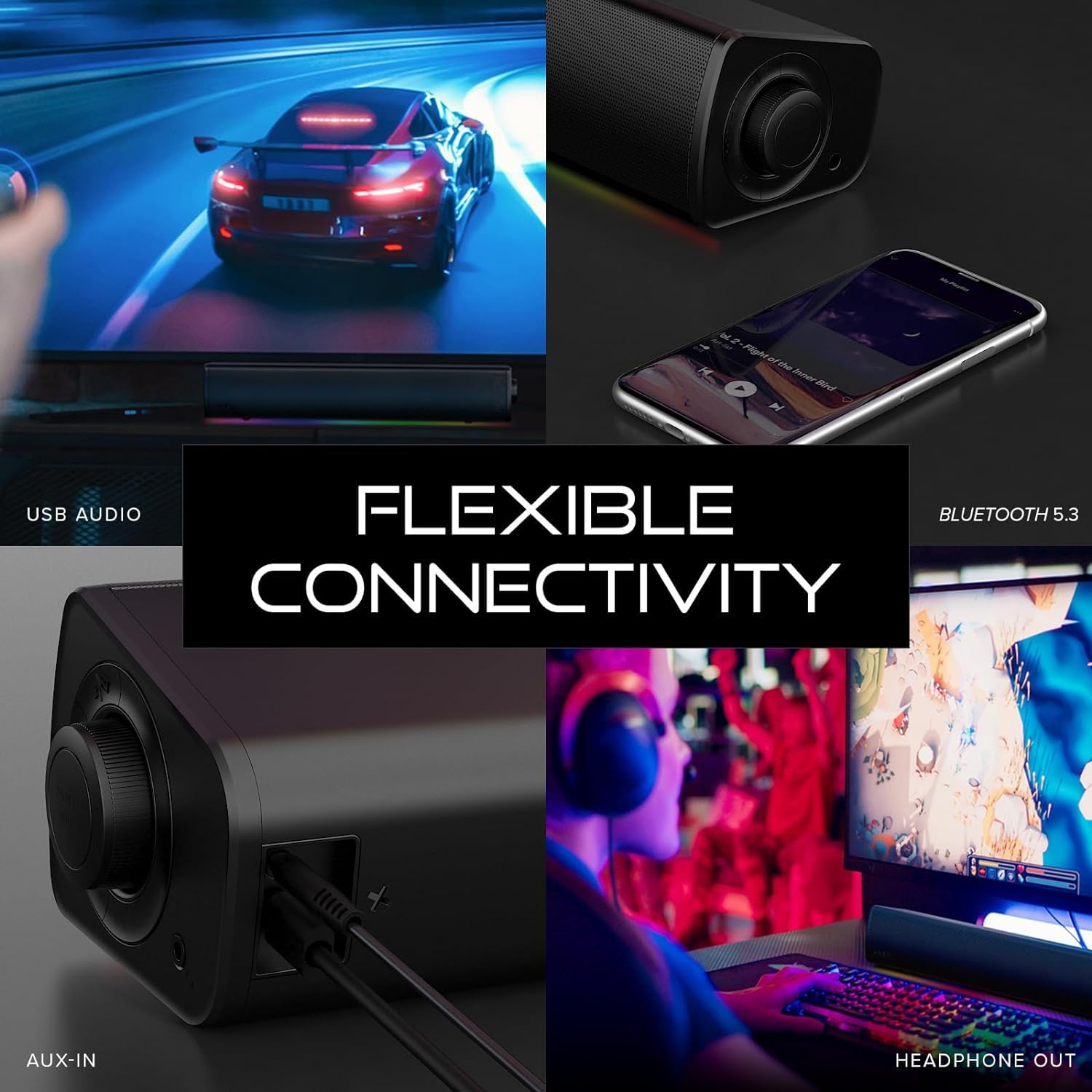 Sound Blaster Gs3 Compact Rgb Gaming Soundbar With Superwide Technology, Powered Via Usb, Bluetooth 5.4, Headphone Out Port, For