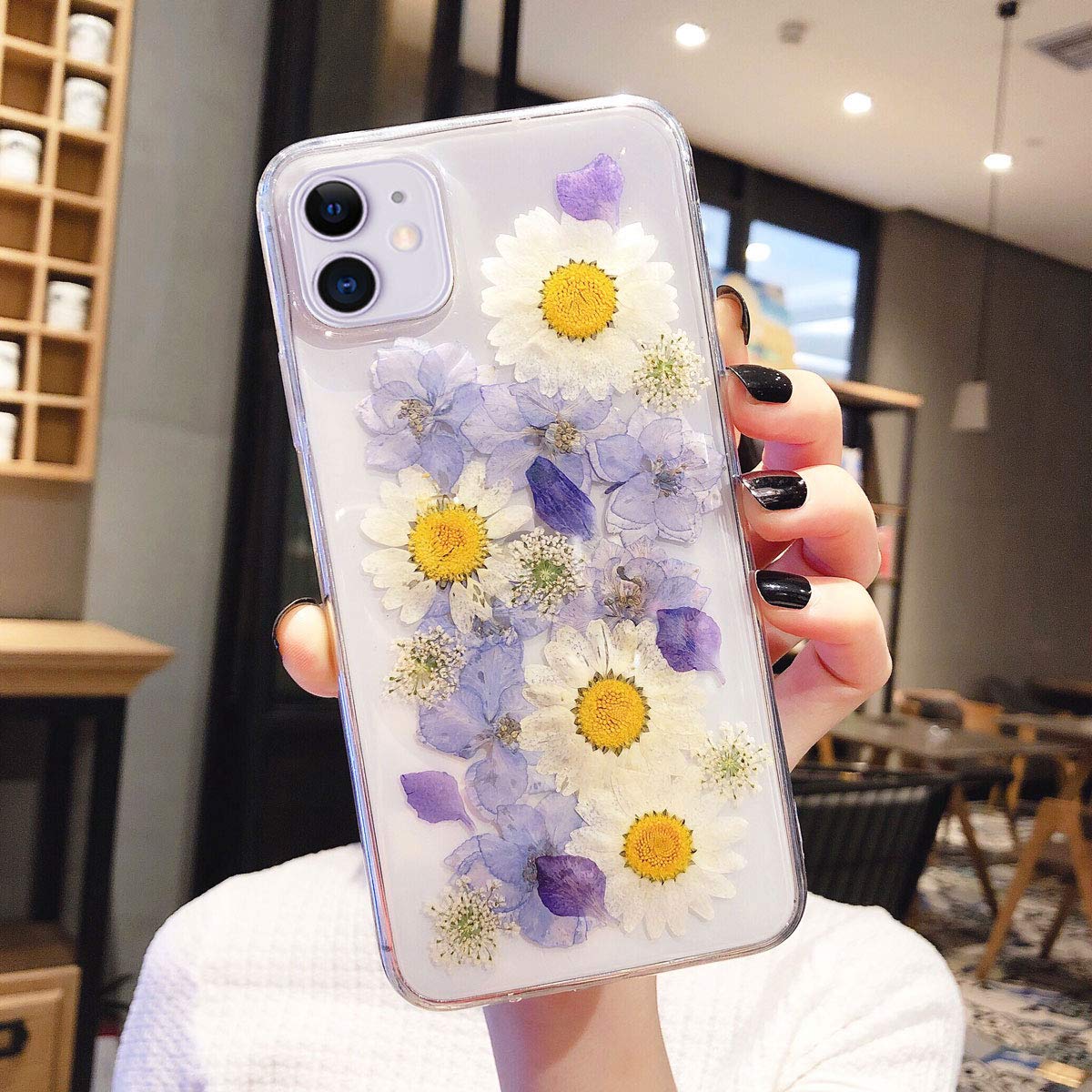 Abbery Designed For Iphone 11 Case Purple Flower Clear Design Cute For Women Girls Silicone Tpu Real Dried Pressed Floral Daisy