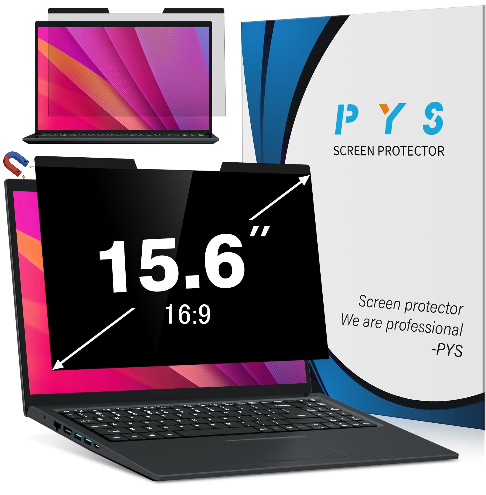 Pys Magnetic Privacy Screen Filter For 15.6 Inch 16:9 Laptop   Detachable Computer Screen Privacy Shield, Anti Glare Blue Light,