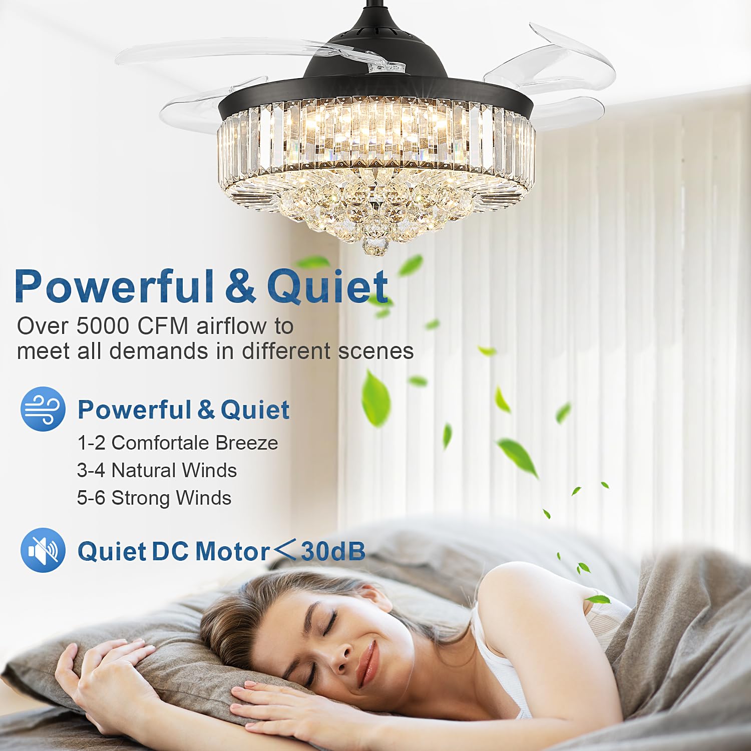 42'' Fandelier Ceiling Fans With Light, Chandelier Ceiling Fan, Retractable Crystal Ceiling Fan For Bedroom, Living Room, 3 Colo