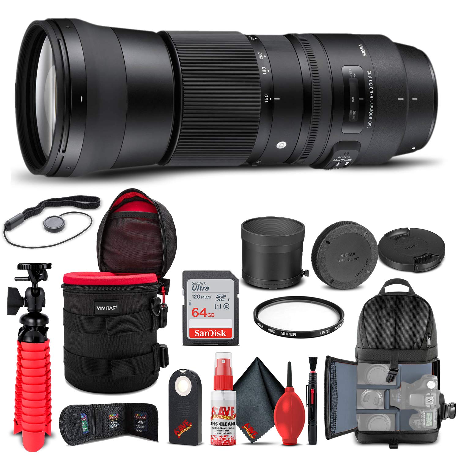 Sigma 150-600mm f/5-6.3 DG OS HSM Contemporary Lens for Nikon F (745-306) Bundle + Backpack + 64GB Card + Lens Case + Card Reade