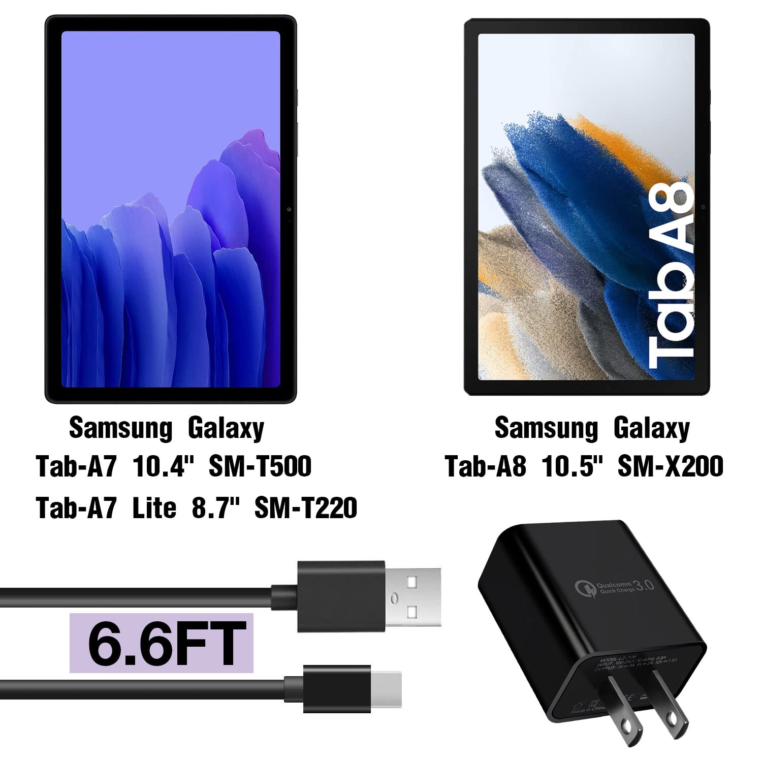 6Ft Type C Fast Quick Charger Fit For Samsung Galaxy Tab A7 10.4' Sm T500, Tab A7 Lite 8.7' Sm T220; Tab A8 10.5' Sm X200 Usb C Tablet 18W Qc3.0 Fast Power Adapter Charging Cord Cable