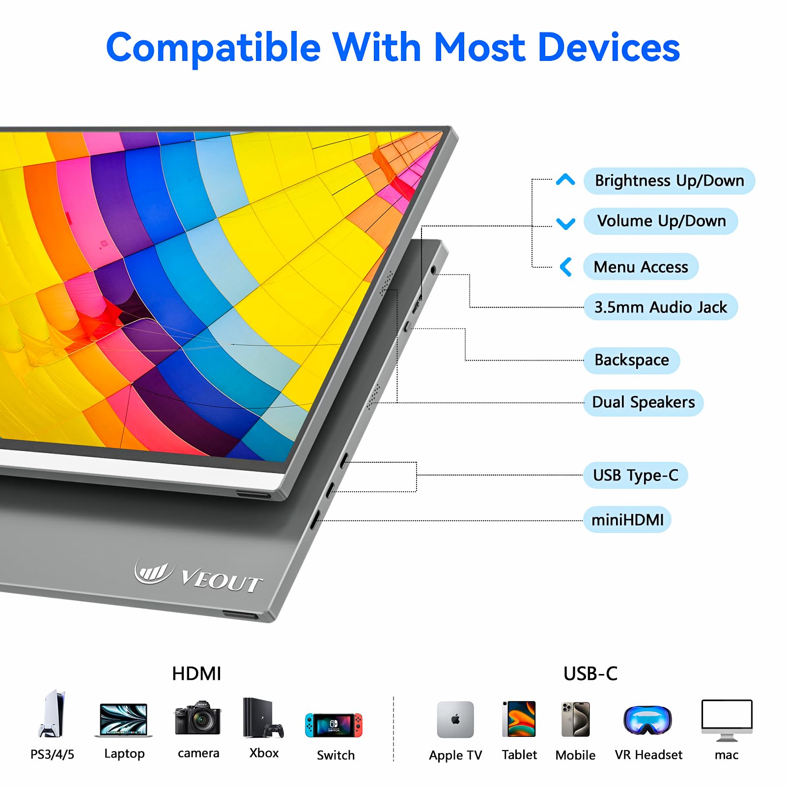 Veout 16 Inch Portable Monitor For Laptop, 1920X1200P Fhd Ips 16:10 External Screen, 100% Srgb Aluminum Stand, Usb-C/Mini Hdmi,
