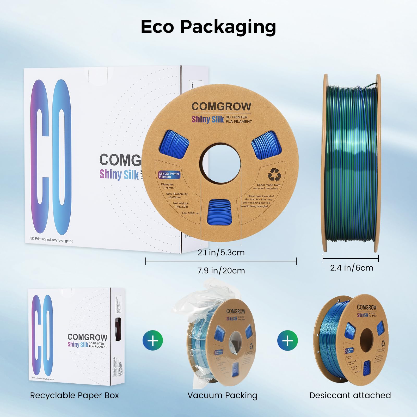 Comgrow Silk Pla 3D Printer Filament, Dual Color 2 In 1 Green And Blue, 3D Printing Pla Filament 1.75Mm, Dimensional Accuracy +/