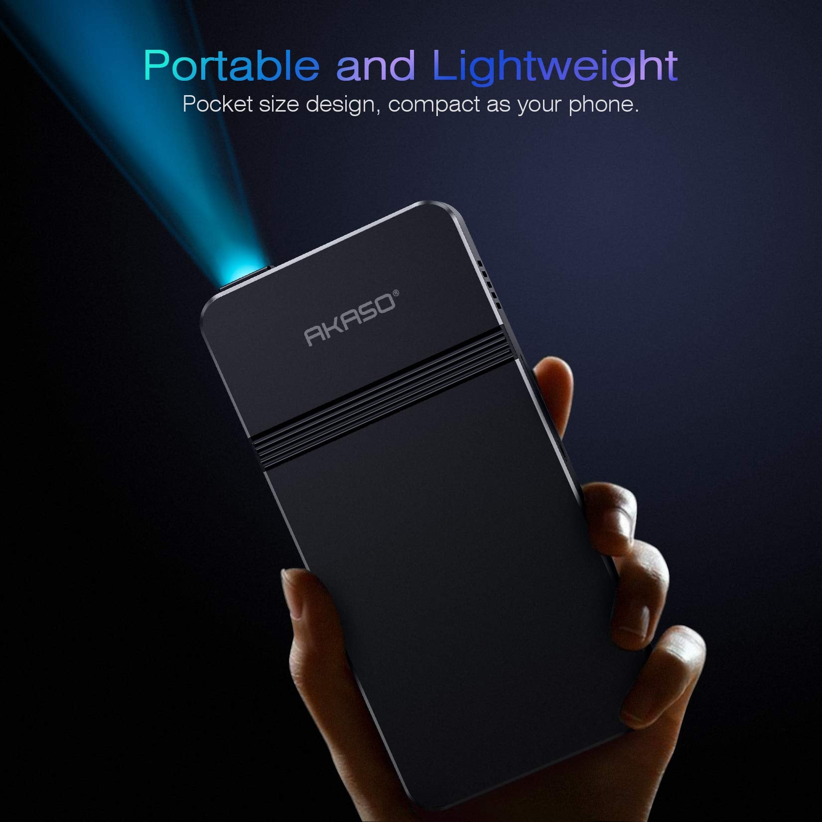AKASO Mini Projector - 1080P Portable DLP Projector with HDMI, WiFi, Rechargeable Battery, Black