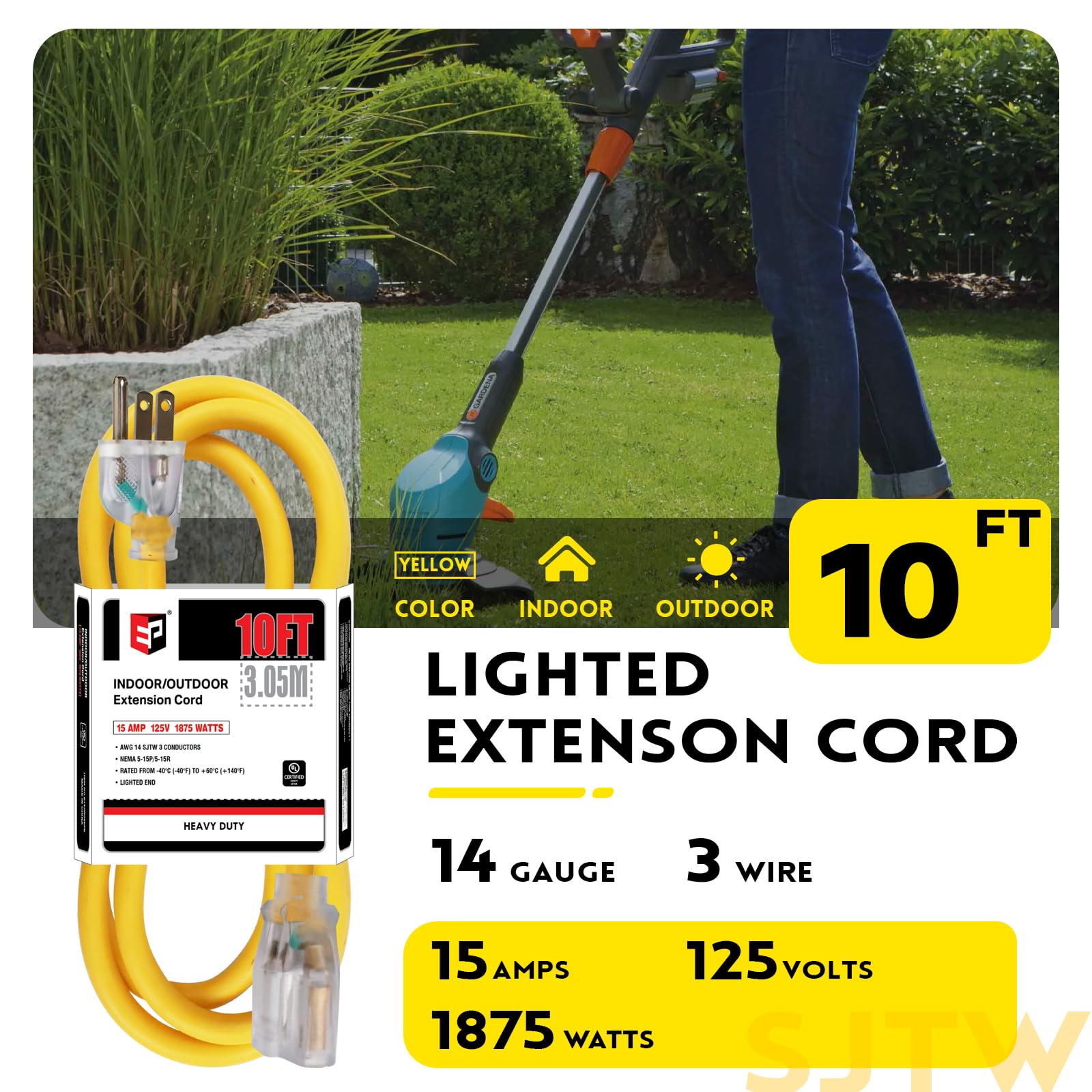 Ep 10 Ft 14/3 Lighted Outdoor Extension Cord   14 Gauge Sjtw Heavy Duty Yellow Extension Cable With 3 Prong Grounded Plug, Great
